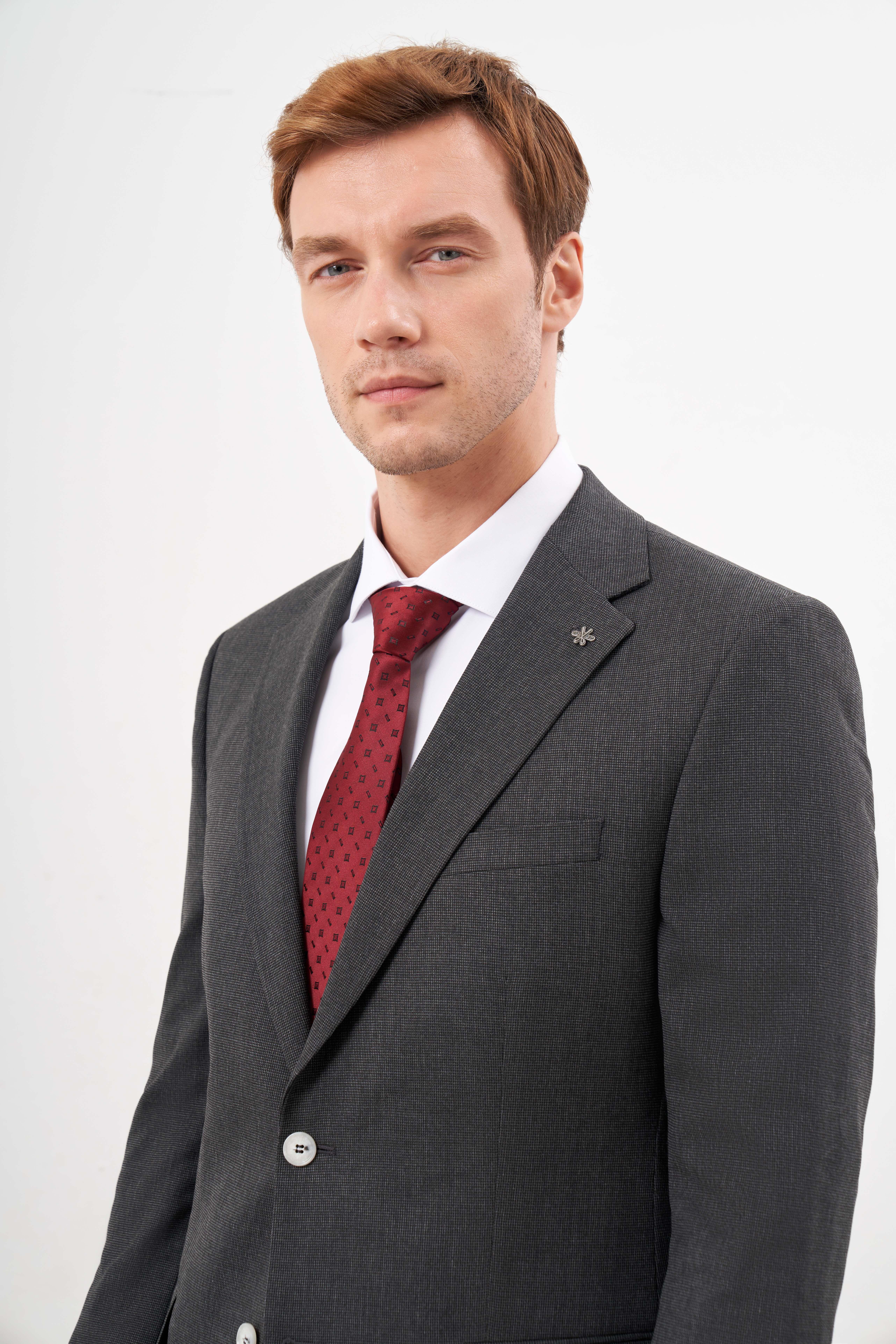 Morven Erkek Siyah Poliviskon Trend Ekoseli Dynamic Fit Mono Yaka Takım Elbise