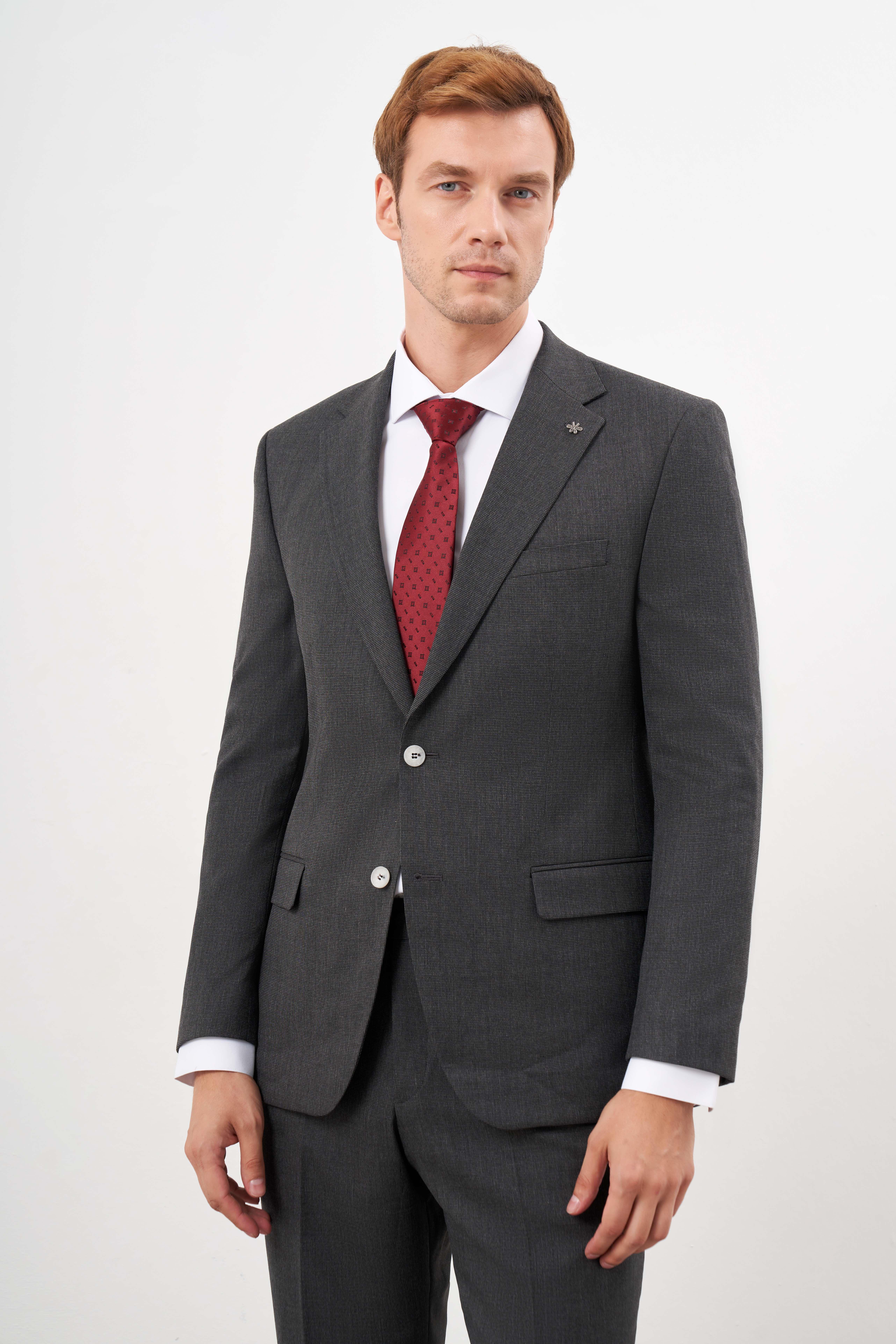 Morven Erkek Siyah Poliviskon Trend Ekoseli Dynamic Fit Mono Yaka Takım Elbise