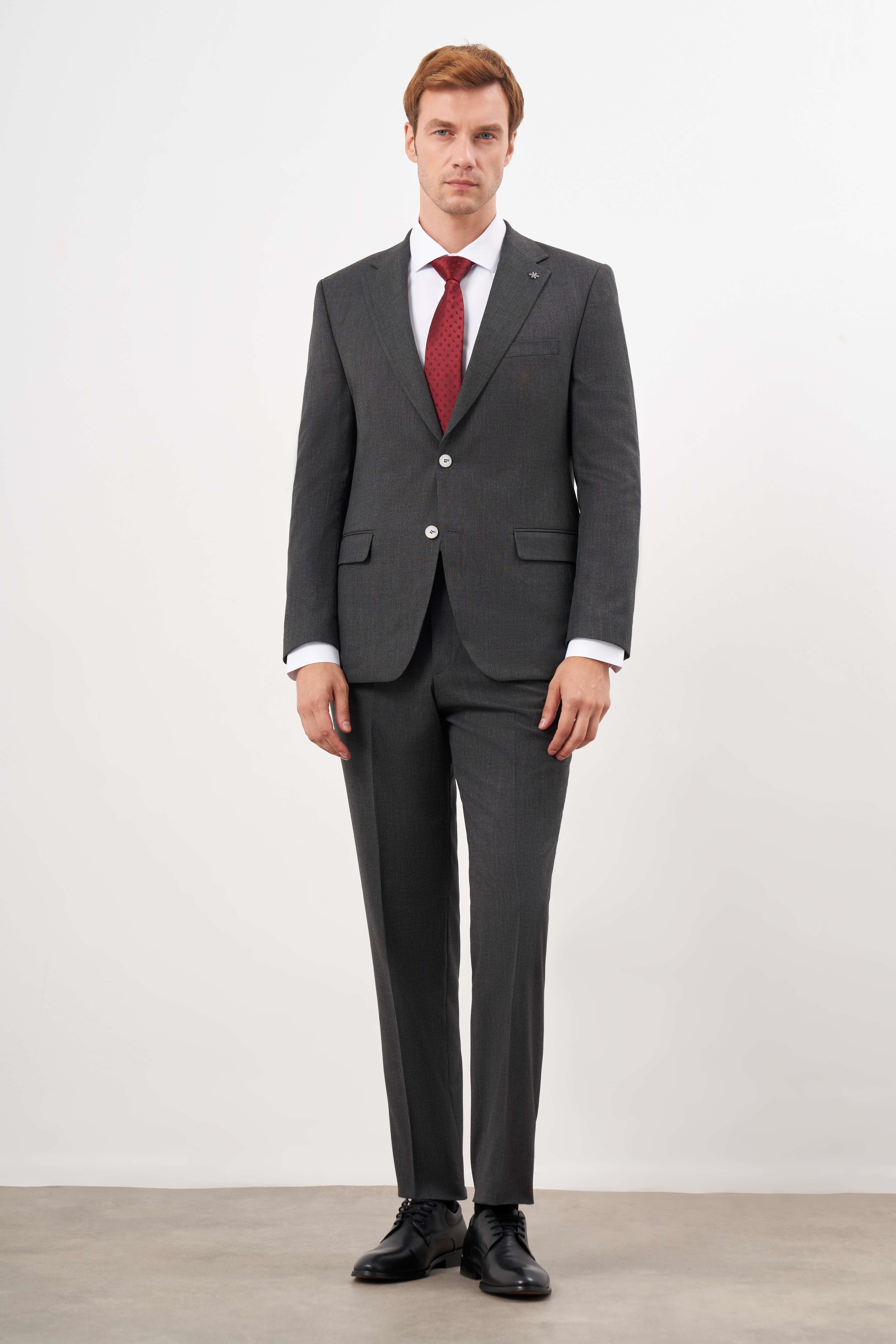 Morven Erkek Siyah Poliviskon Trend Ekoseli Dynamic Fit Mono Yaka Takım Elbise