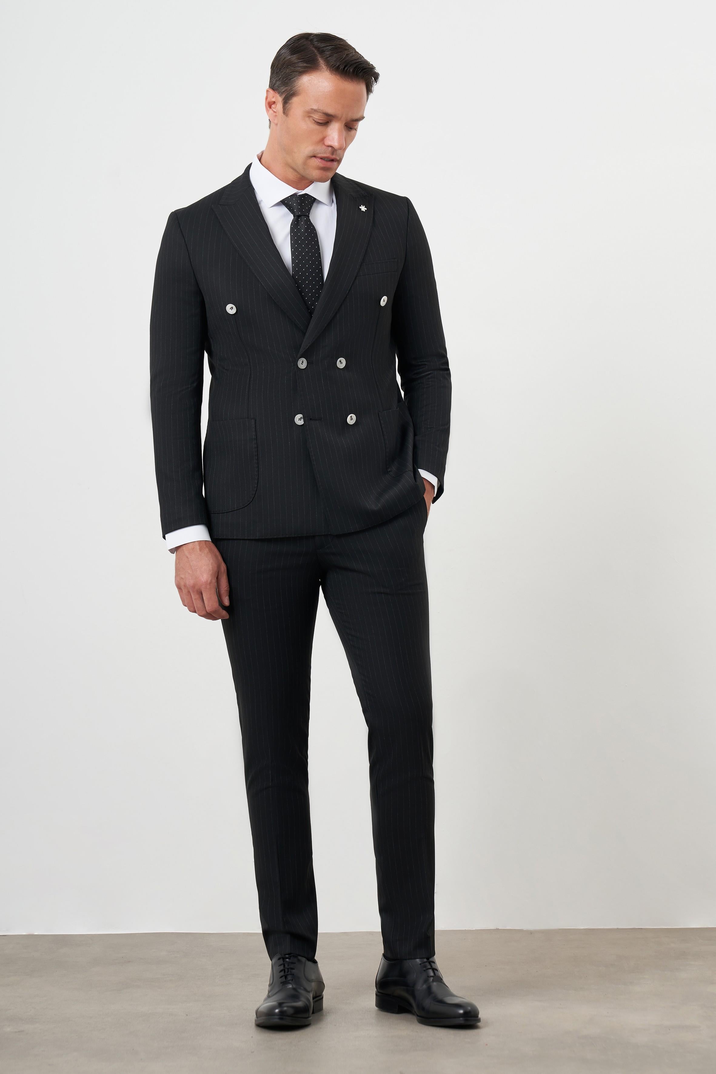 Morven Erkek Siyah Poliviskon Trend Kruvaze Slim Fit Sivri Yaka Takım Elbise