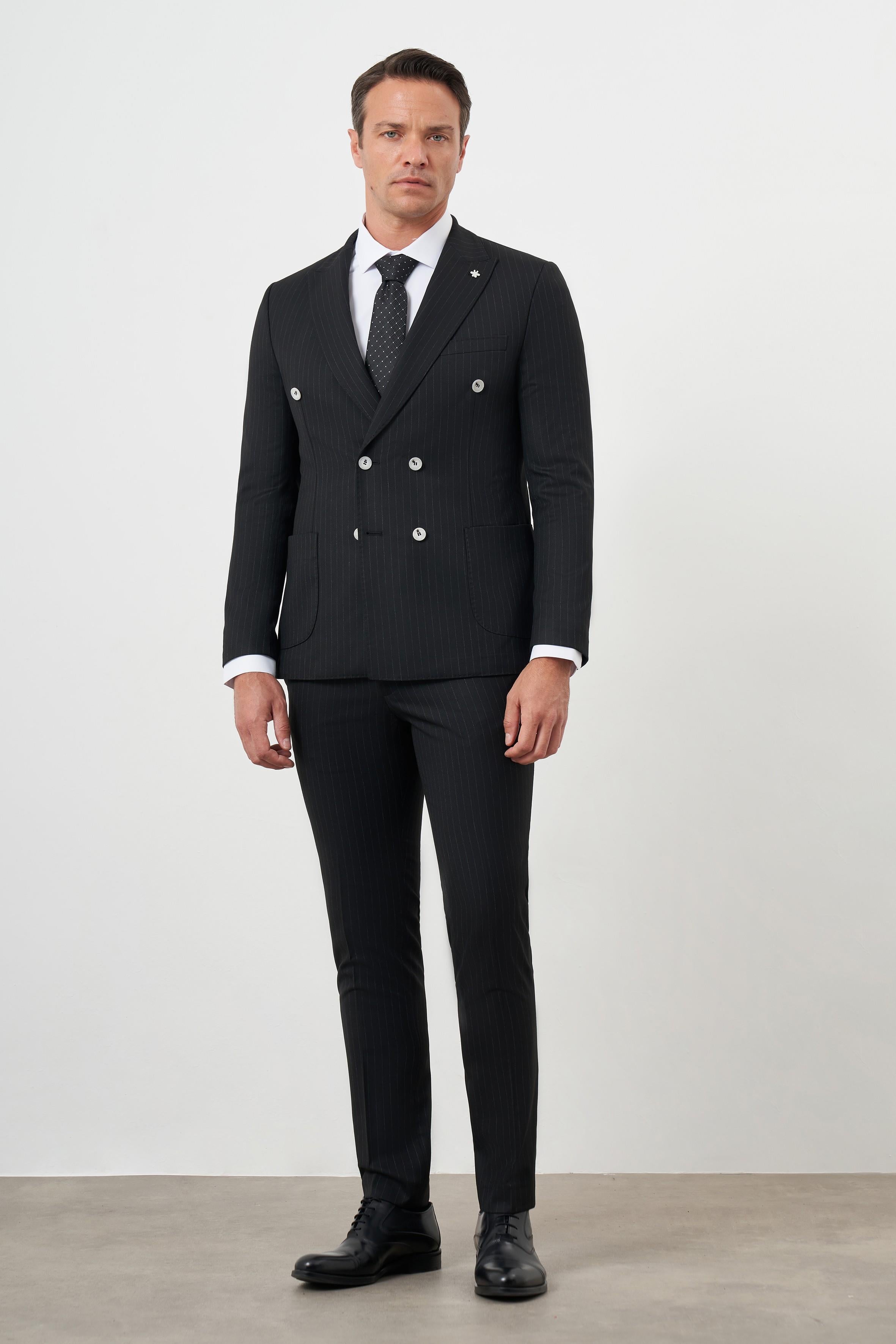 Morven Erkek Siyah Poliviskon Trend Kruvaze Slim Fit Sivri Yaka Takım Elbise