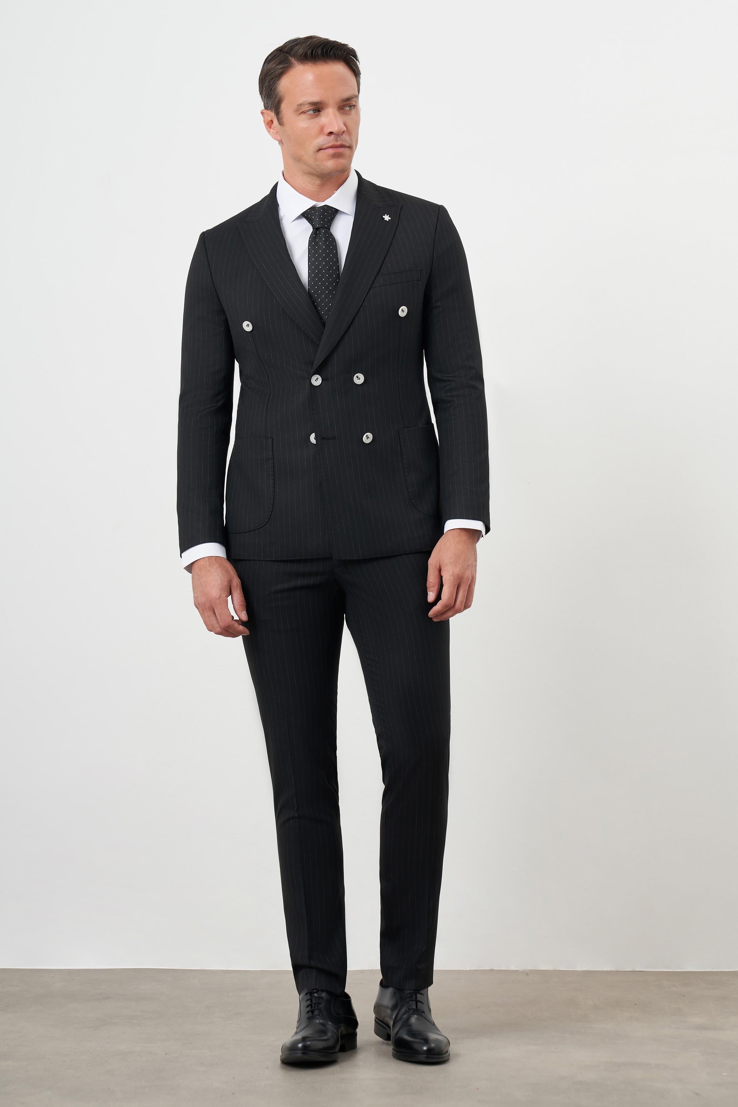 Morven Erkek Siyah Poliviskon Trend Kruvaze Slim Fit Sivri Yaka Takım Elbise