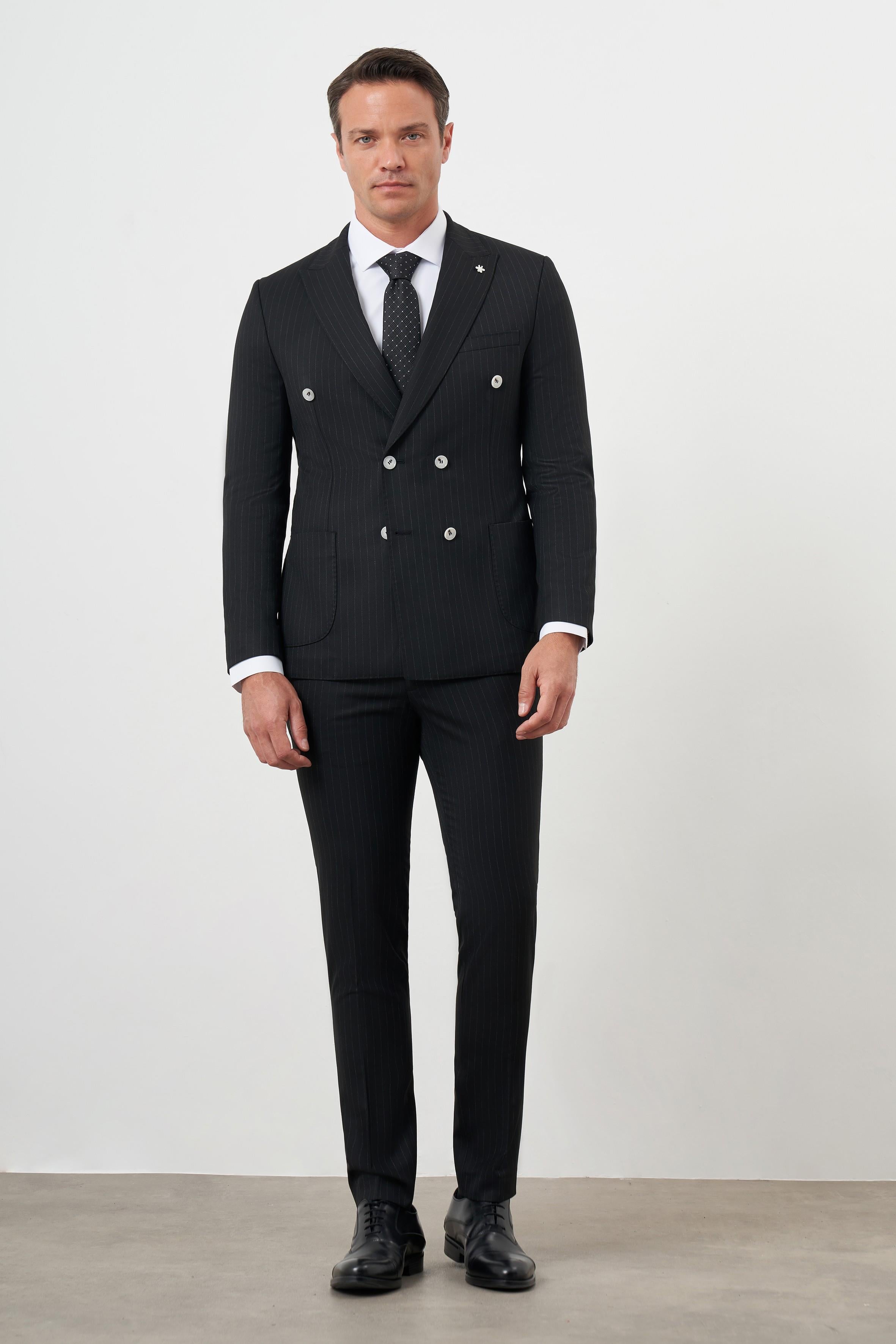 Morven Erkek Siyah Poliviskon Trend Kruvaze Slim Fit Sivri Yaka Takım Elbise