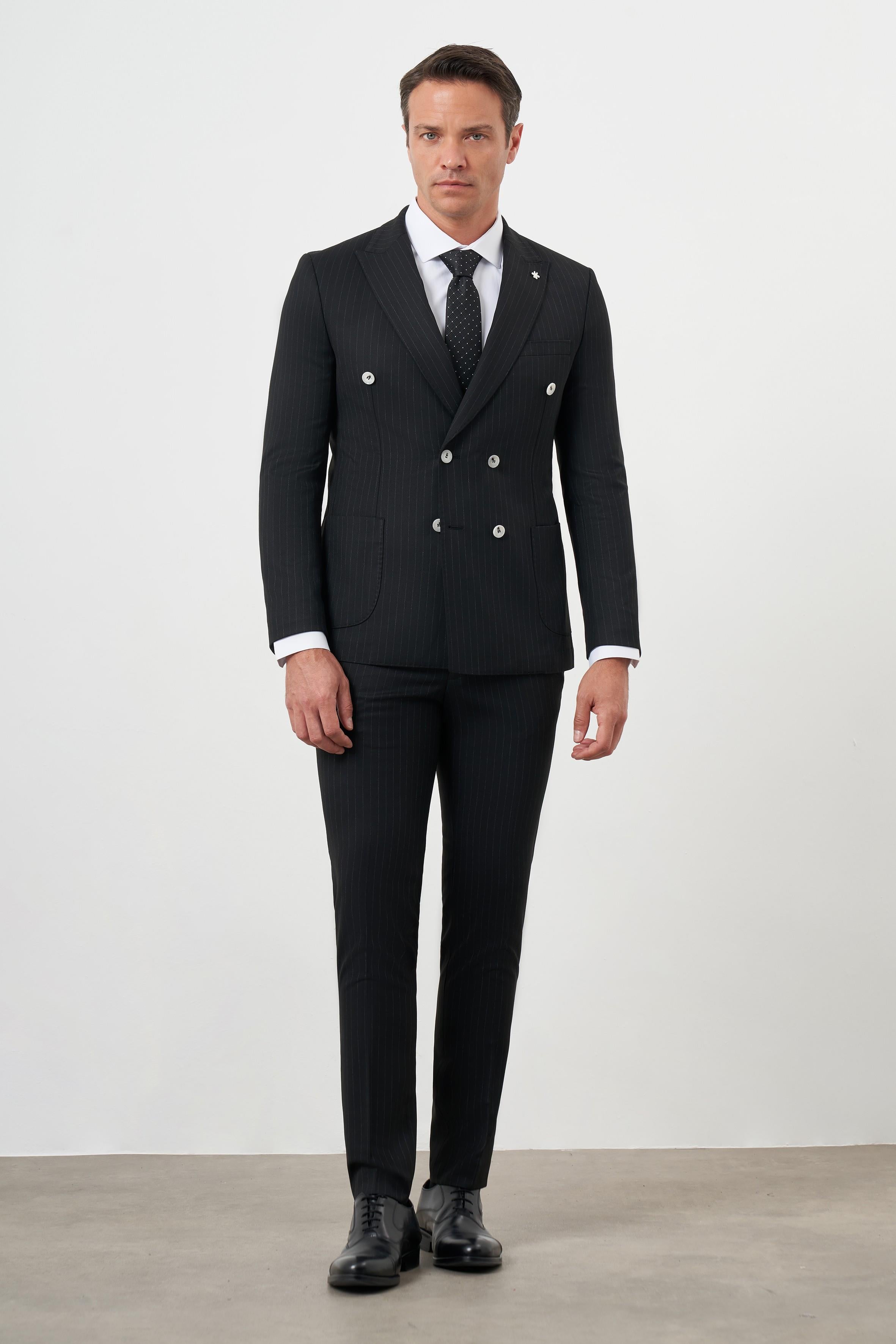 Morven Erkek Siyah Poliviskon Trend Kruvaze Slim Fit Sivri Yaka Takım Elbise