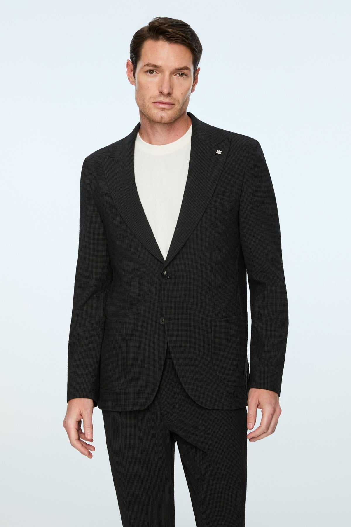 Morven Erkek Siyah Poliviskon Trend Pitikare Slim Fit Sivri Yaka Takım Elbise