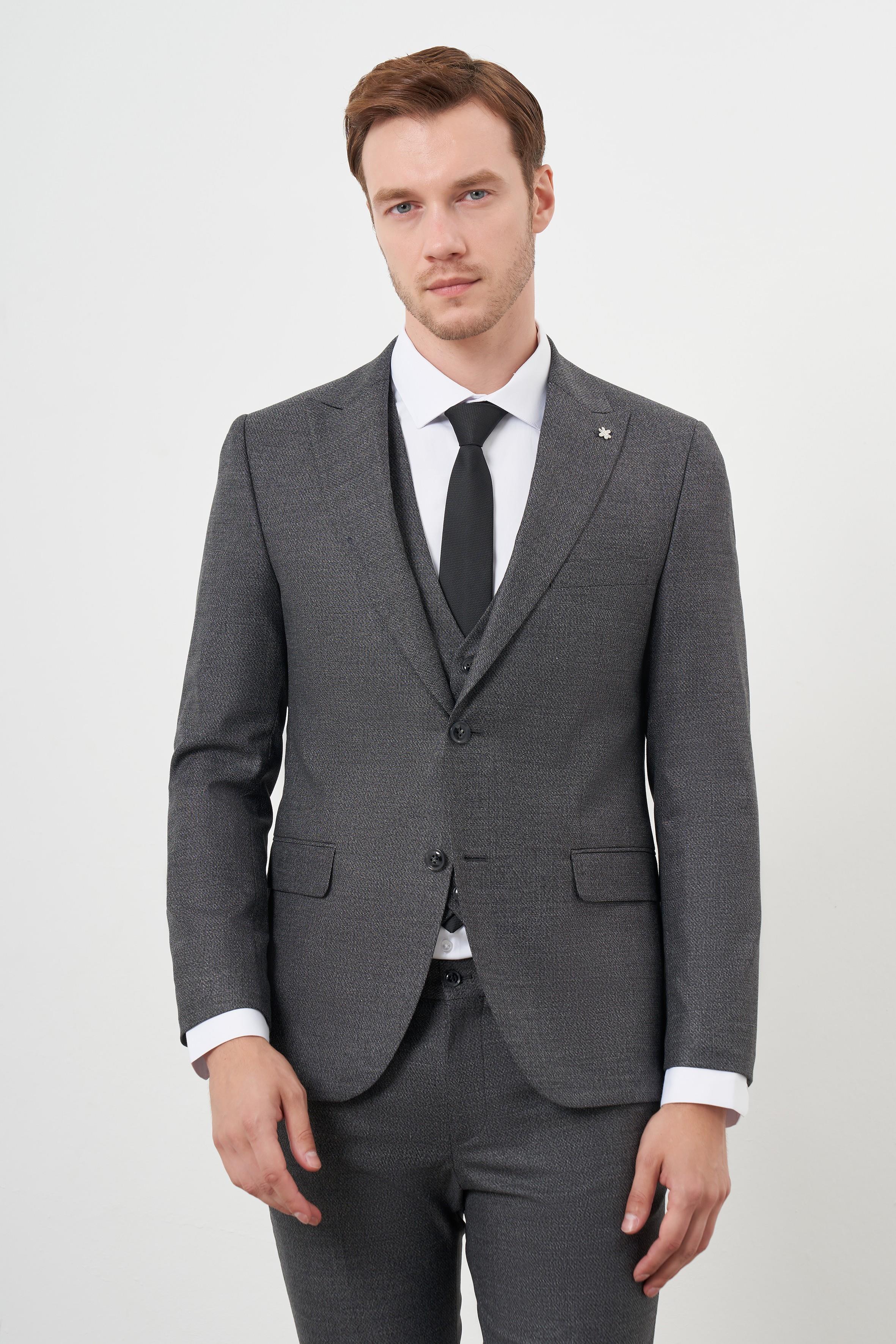 Morven Erkek Siyah Poliviskon Trend Yelekli Desenli Slim Fit Sivri Yaka Takım Elbise