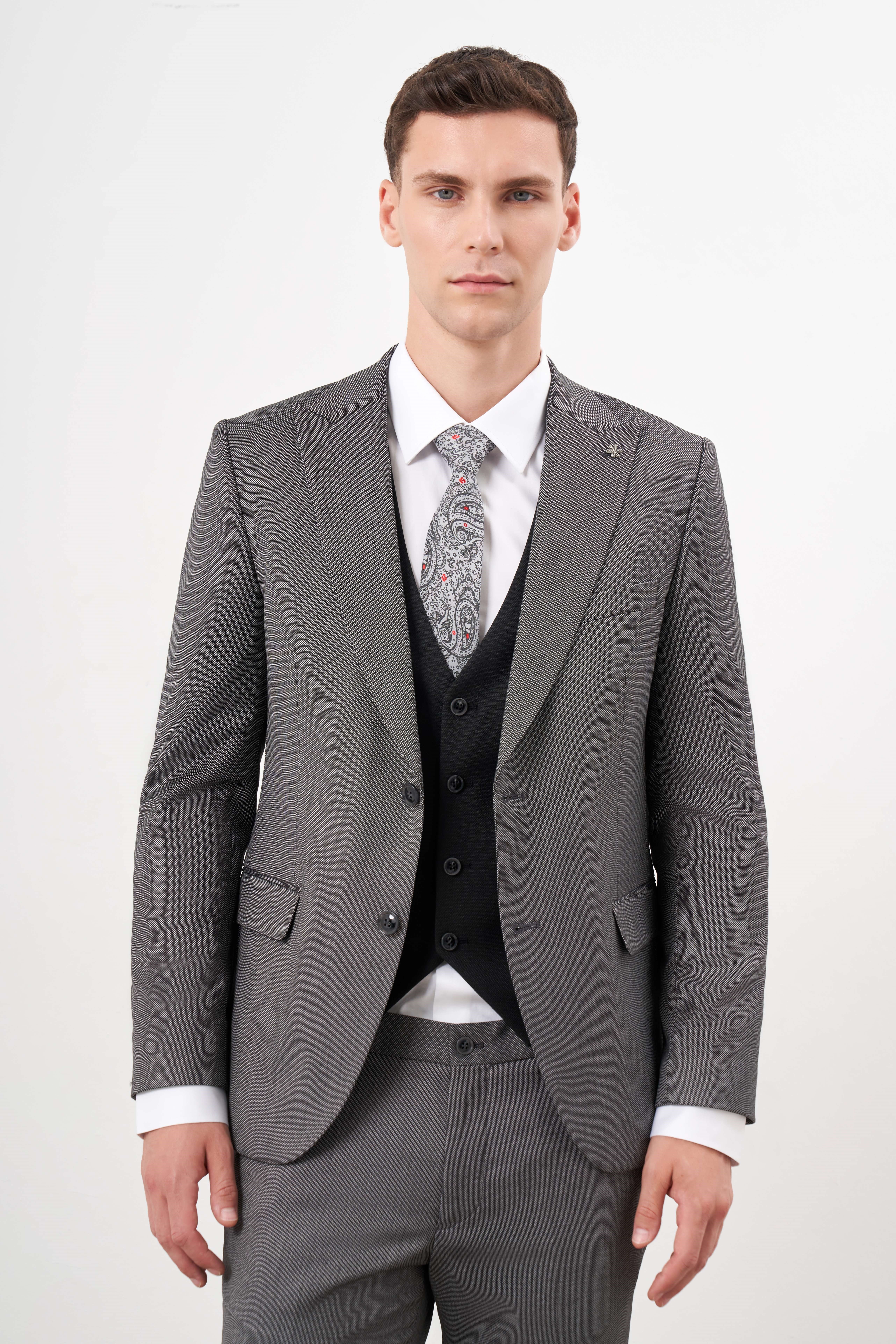 Morven Erkek Siyah Poliviskon Trend Yelekli Kombinli  Sivri Yaka Takım Elbise
