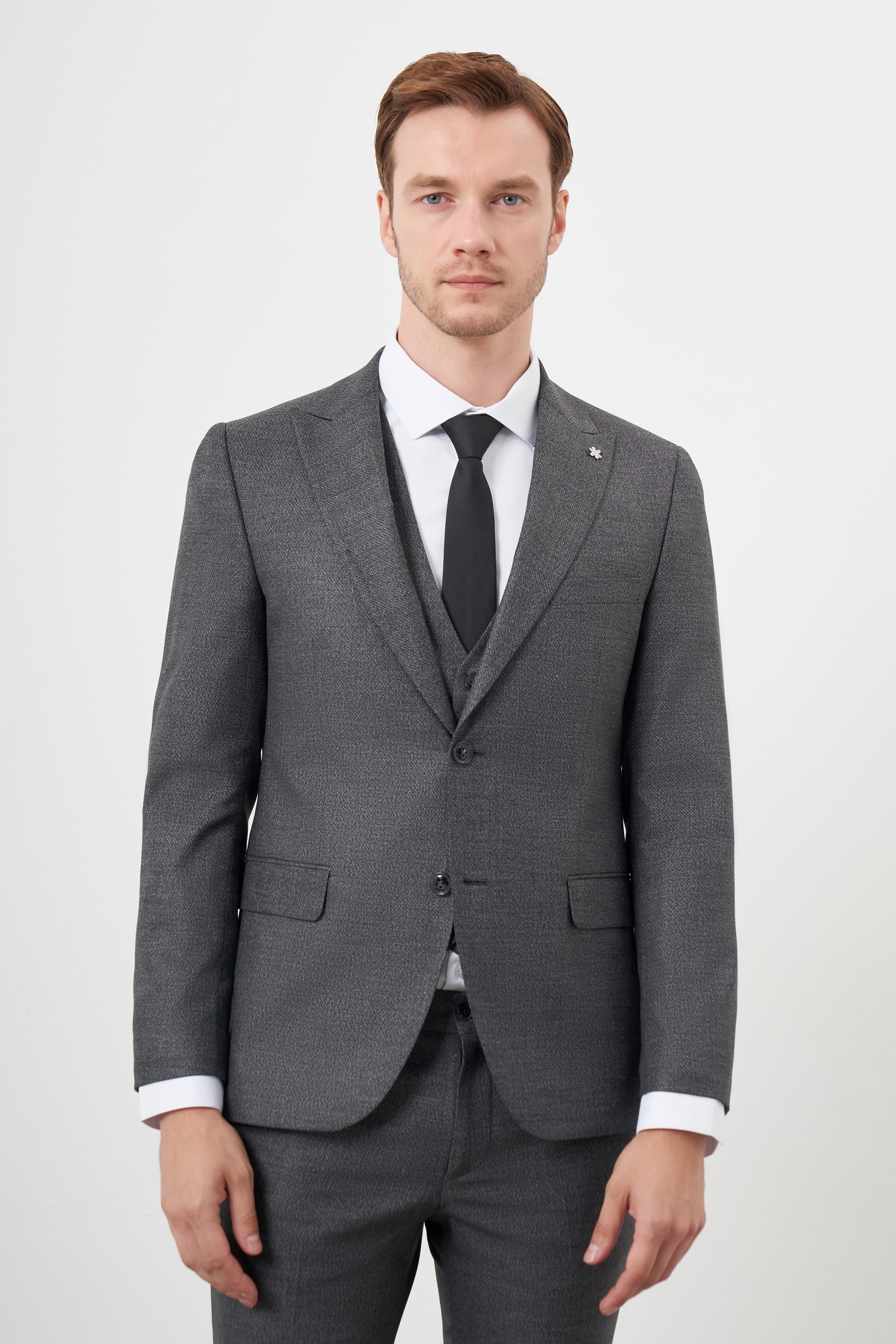 Morven Erkek Siyah Poliviskon Trend Yelekli Desenli Slim Fit Sivri Yaka Takım Elbise