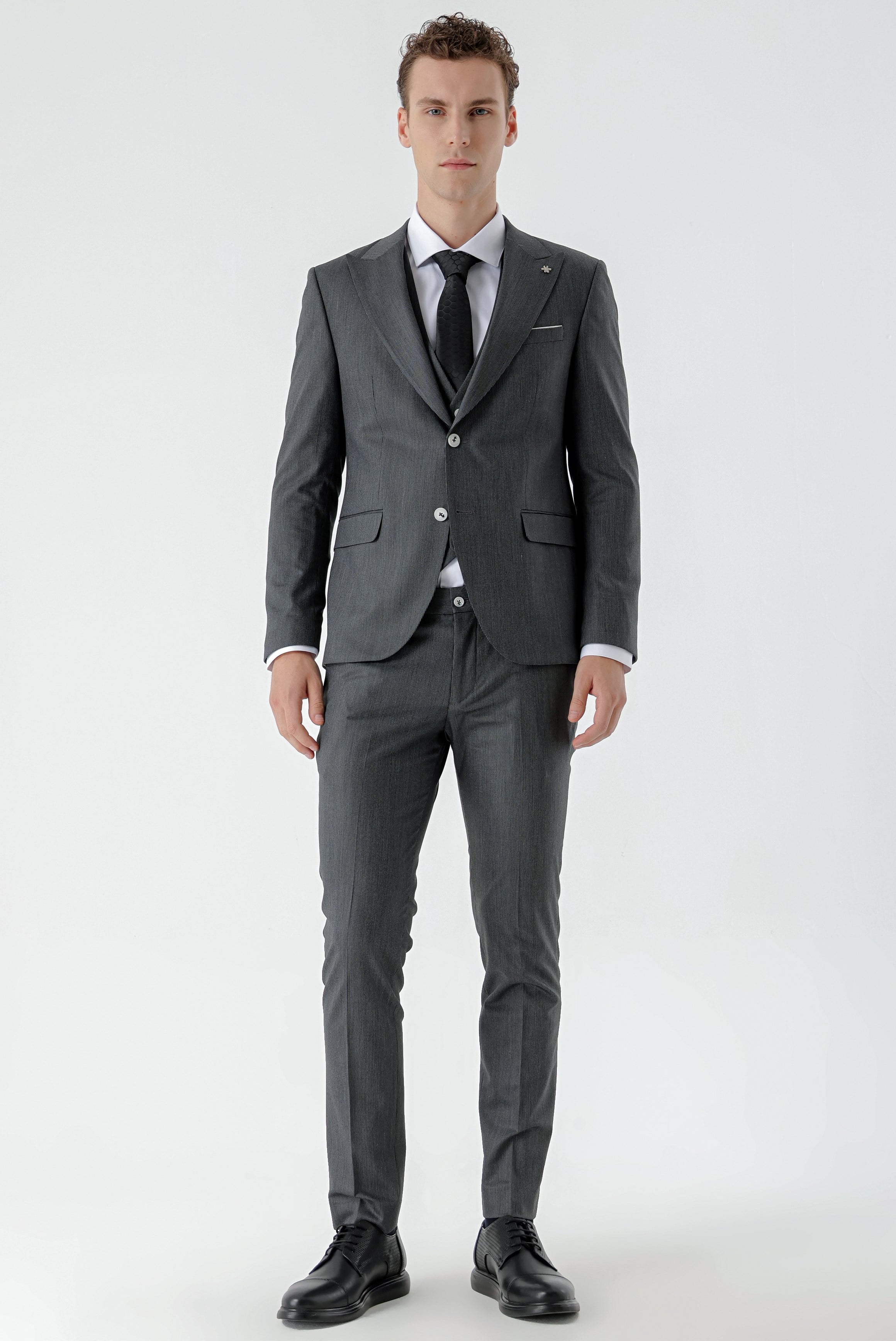 Morven Erkek Siyah Poliviskon Trend Yelekli Desenli Slim Fit Sivri Yaka Takım Elbise