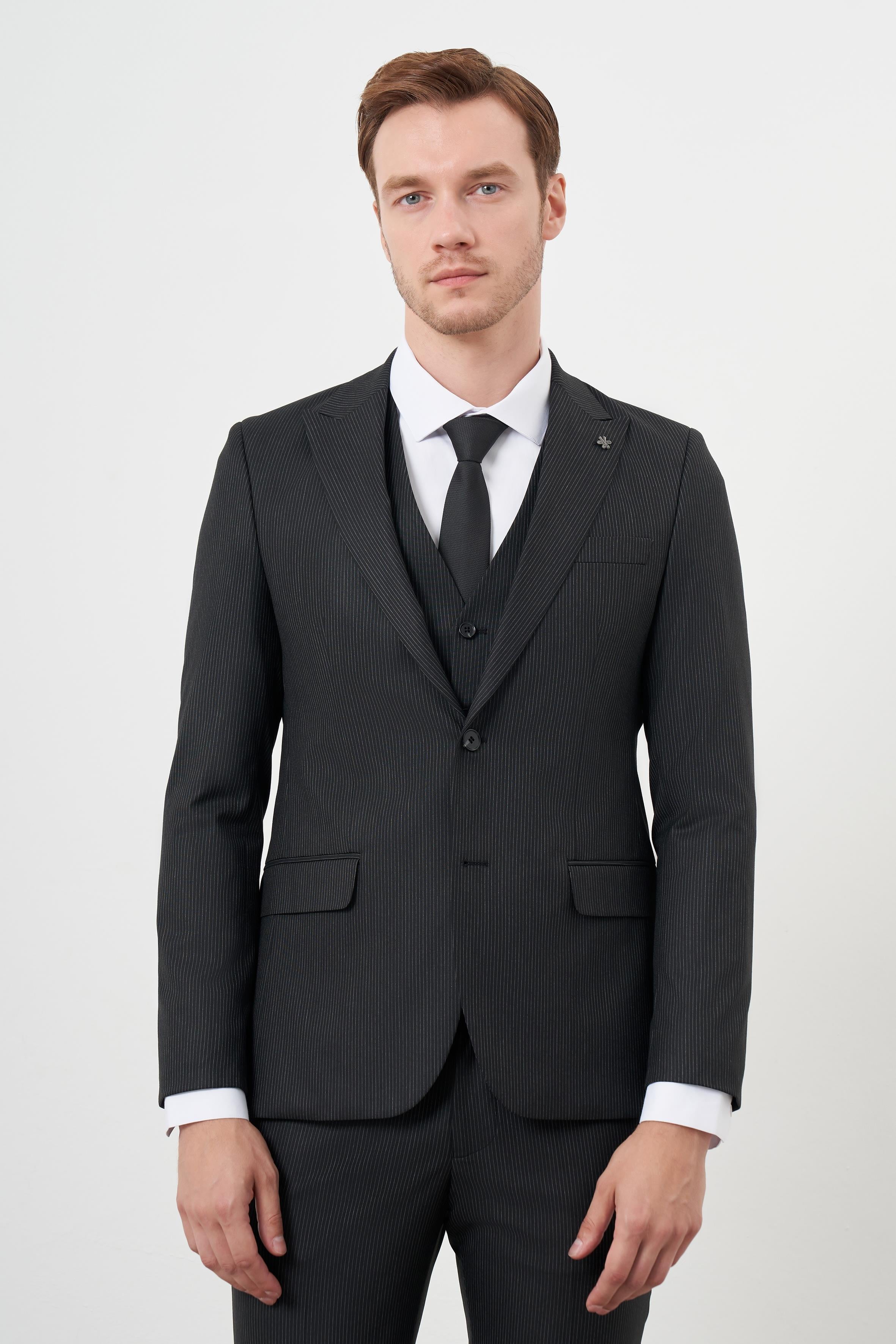 Morven Erkek Siyah Poliviskon Trend Yelekli Çizgili Desen Slim Fit  Sivri Yaka Takım Elbise