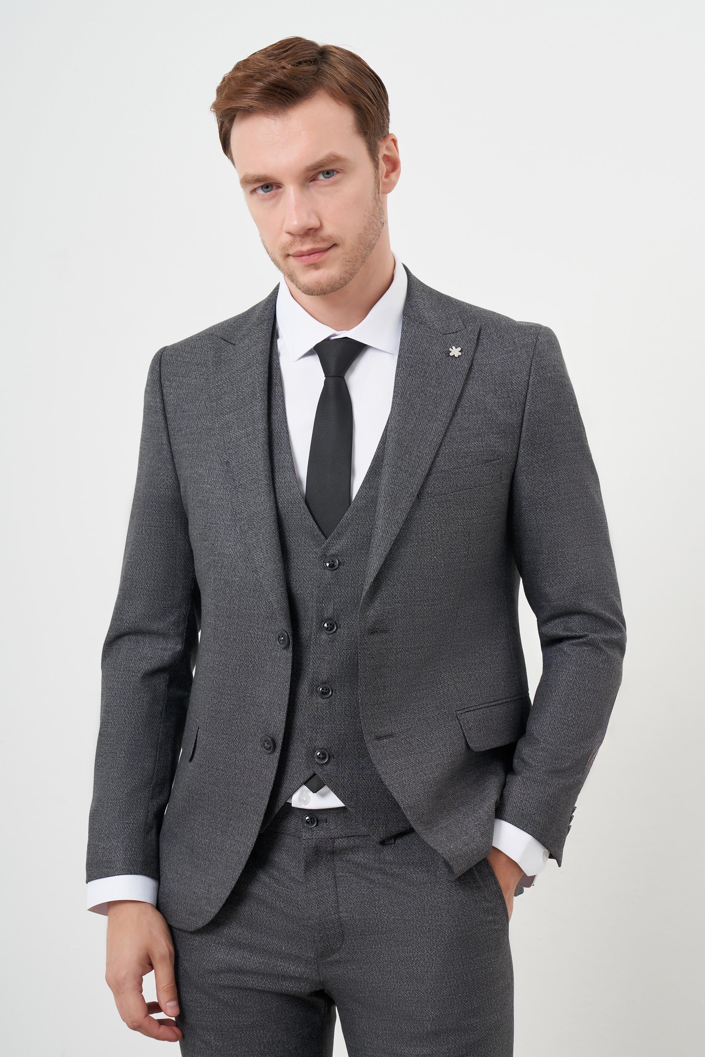 Morven Erkek Siyah Poliviskon Trend Yelekli Desenli Slim Fit Sivri Yaka Takım Elbise