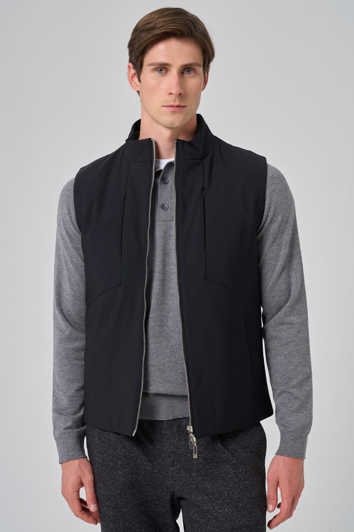 Morven Erkek Siyah Polyamide Spor Gizli Cep Fermuarlı Yelek