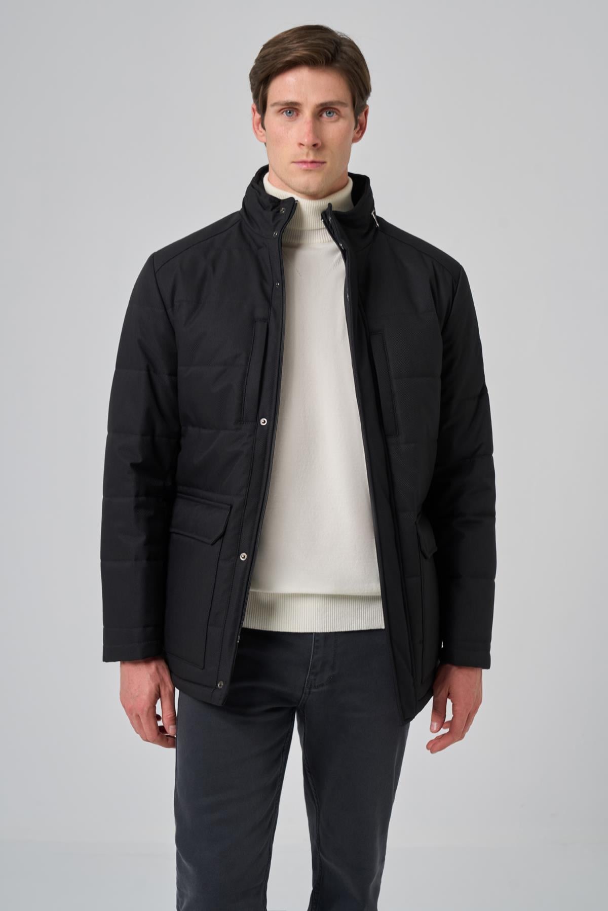 Morven Erkek Siyah Polyester Çıtçıtlı Kapüşonlu Mont