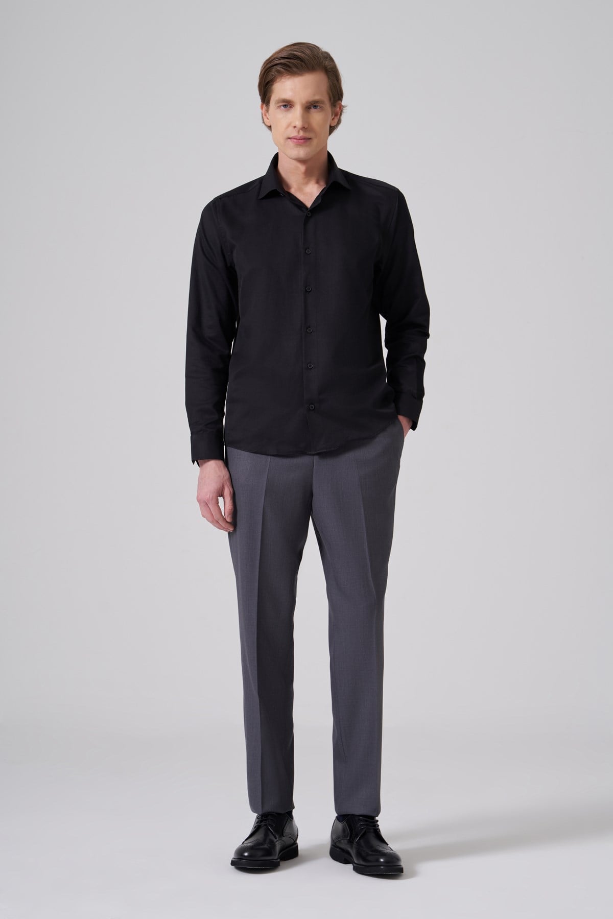 Morven Erkek Siyah Polyester Trend Slim Fit Tam İtalyan Yaka Gömlek
