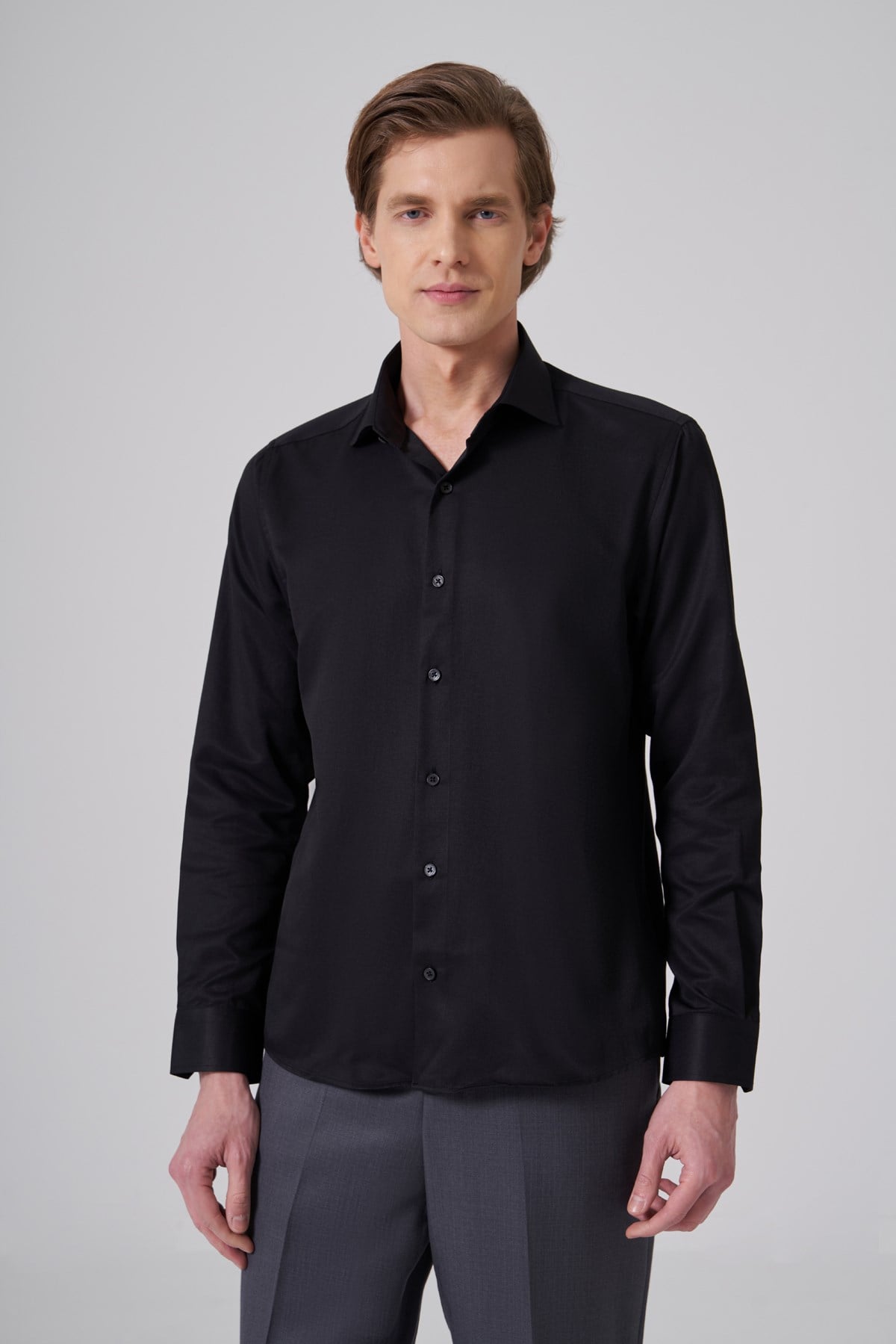 Morven Erkek Siyah Polyester Trend Slim Fit Tam İtalyan Yaka Gömlek