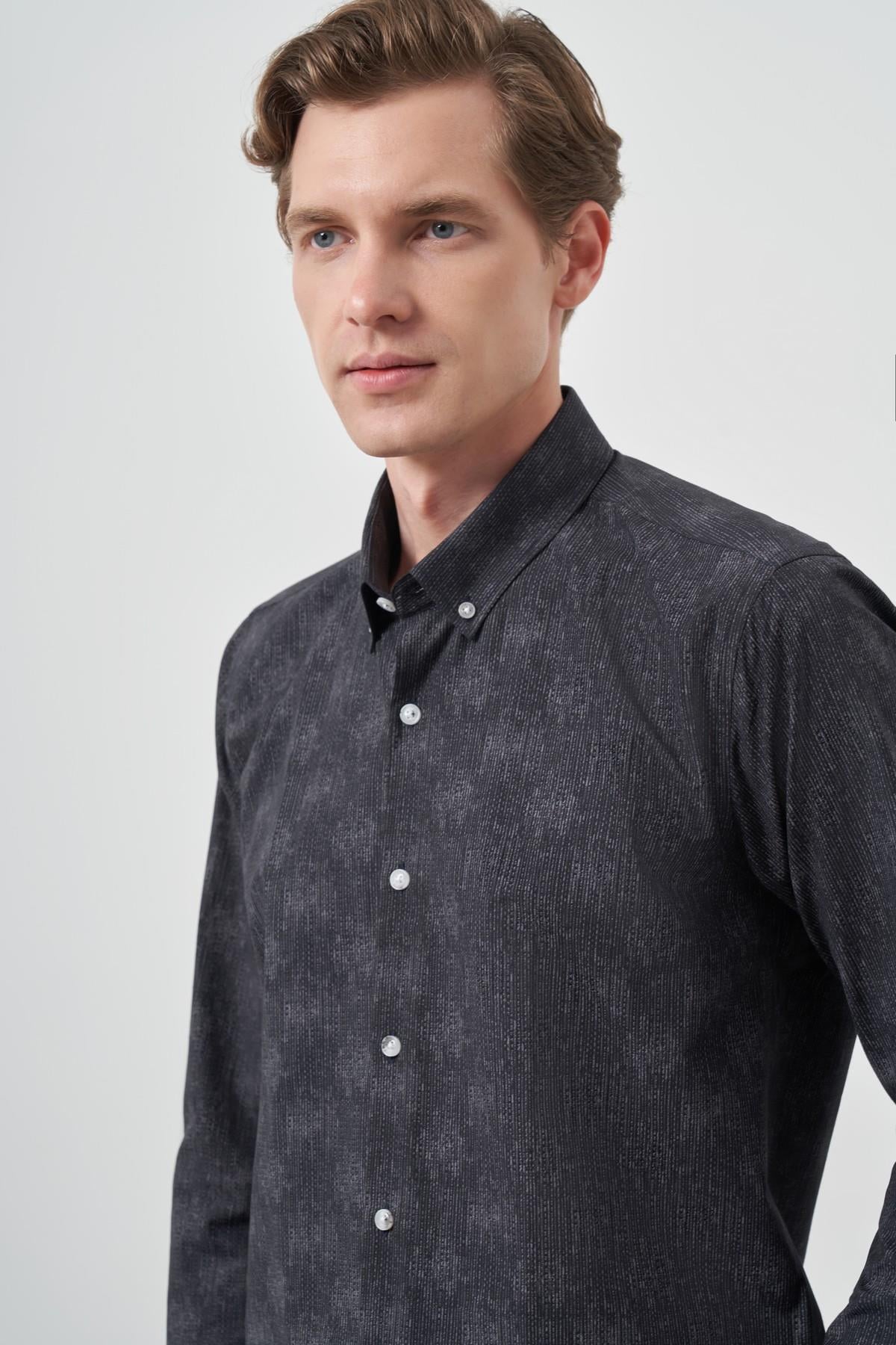 Morven Erkek Siyah Slim Fit Düğmeli Yaka Gömlek