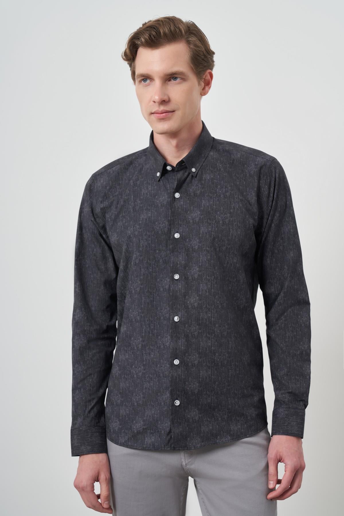 Morven Erkek Siyah Slim Fit Düğmeli Yaka Gömlek