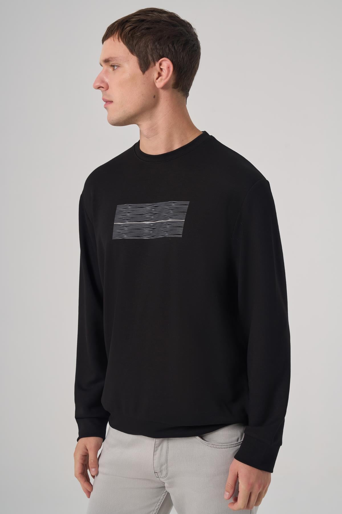 Morven Erkek Siyah Trend Baskılı Bisiklet Yaka Sweatshirt