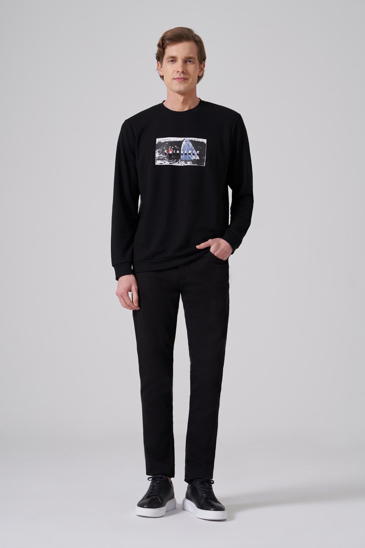 Morven Erkek Siyah Trend Baskılı Bisiklet Yaka Sweat-Shirt