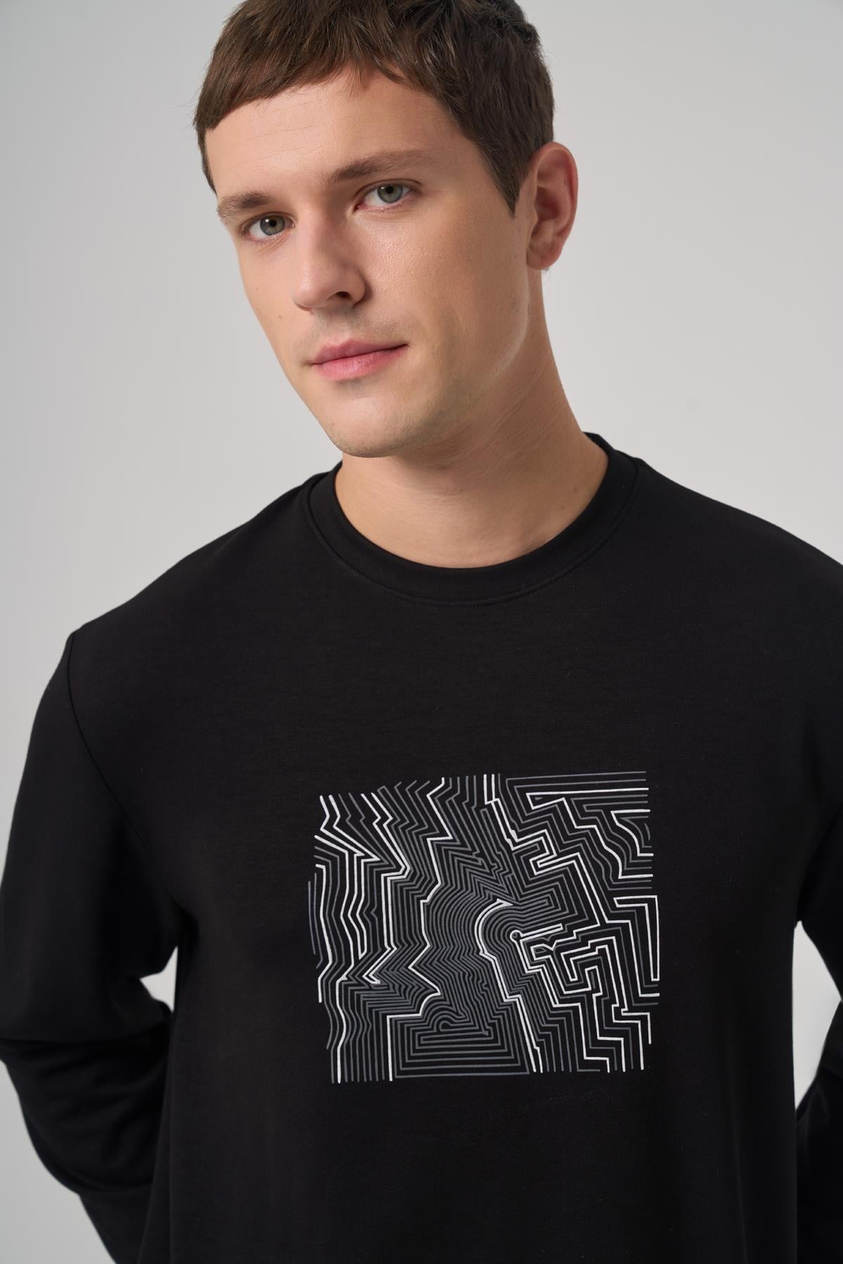 Morven Erkek Siyah Trend Baskılı Bisiklet Yaka Sweatshirt