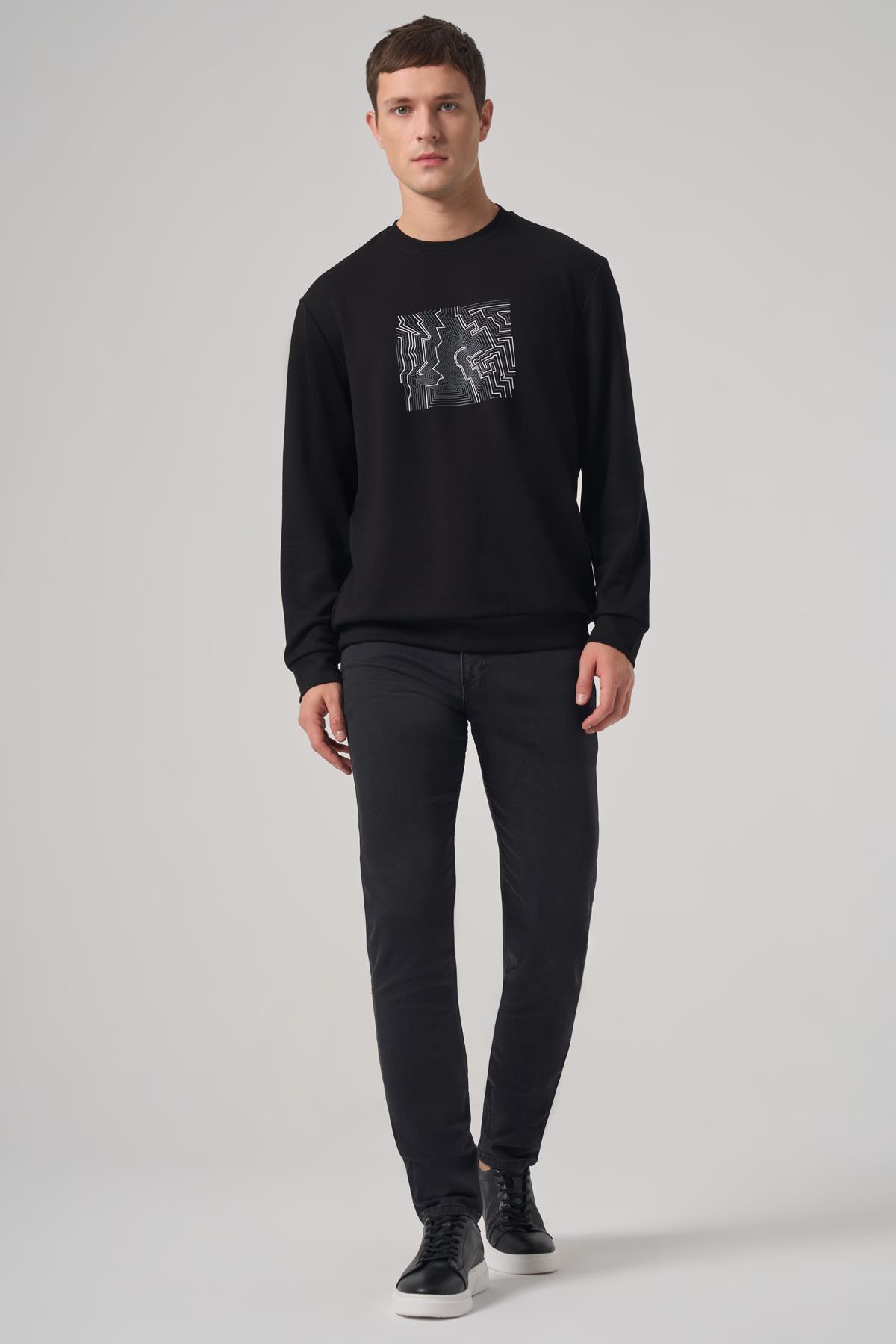 Morven Erkek Siyah Trend Baskılı Bisiklet Yaka Sweatshirt