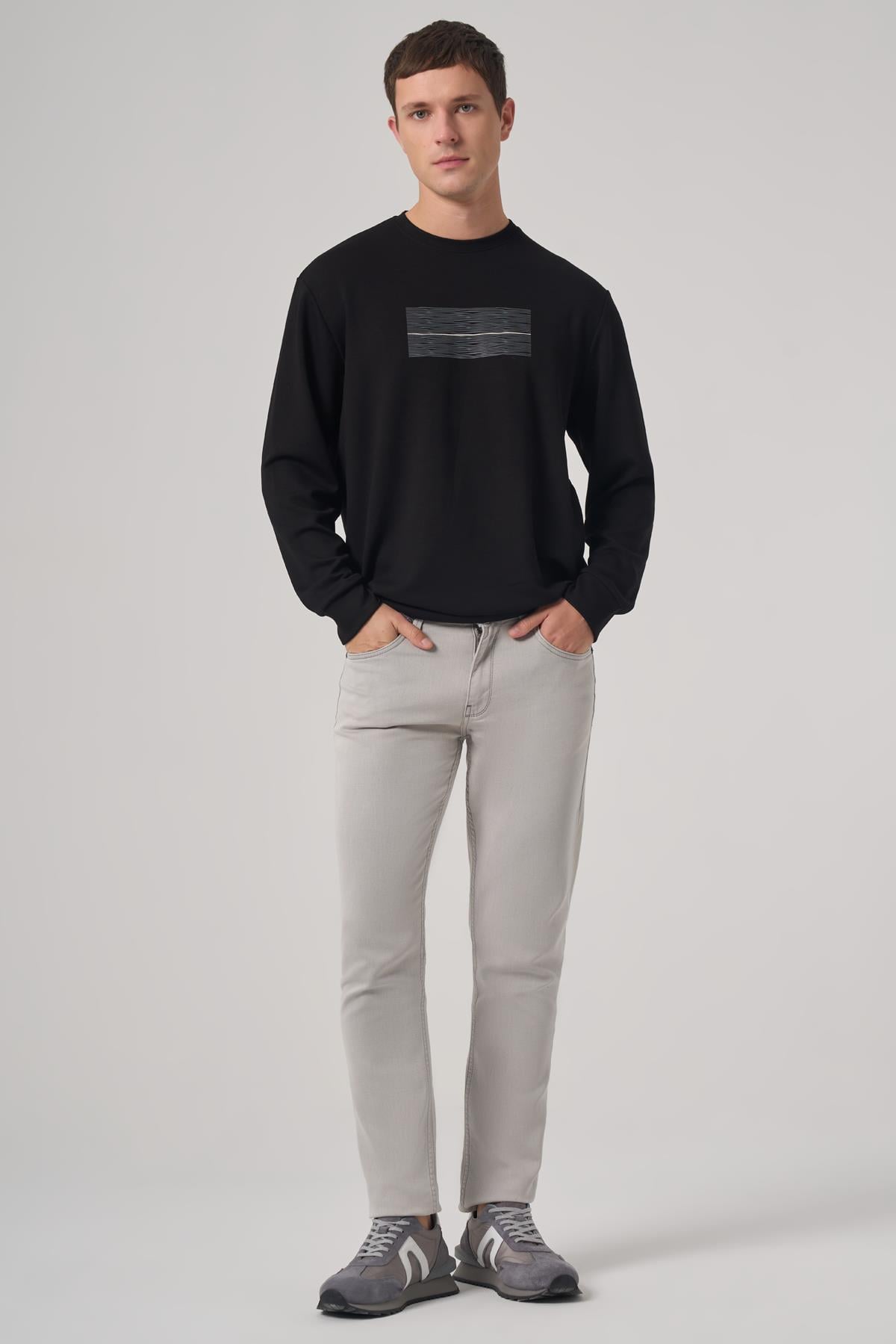 Morven Erkek Siyah Trend Baskılı Bisiklet Yaka Sweatshirt
