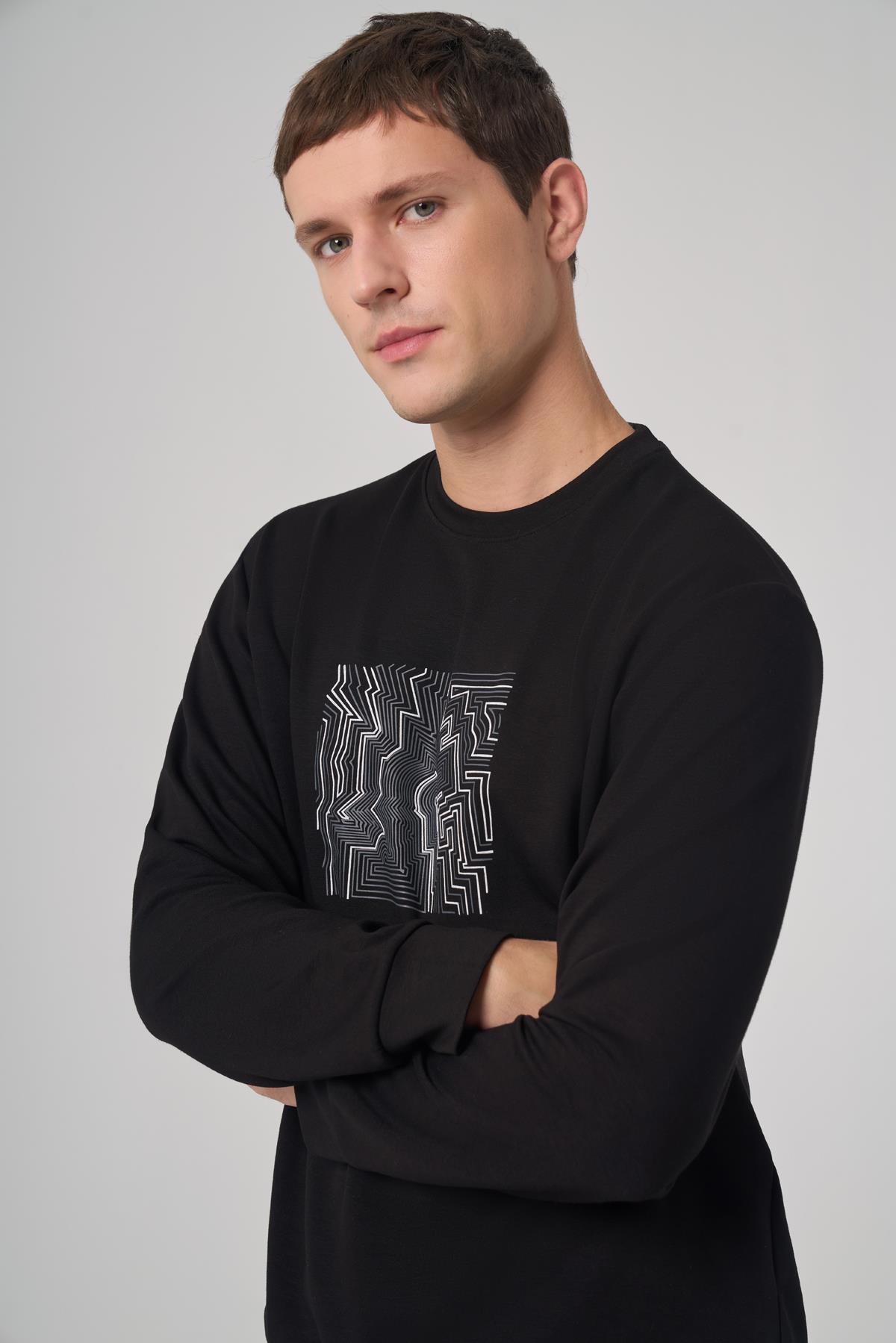 Morven Erkek Siyah Trend Baskılı Bisiklet Yaka Sweatshirt