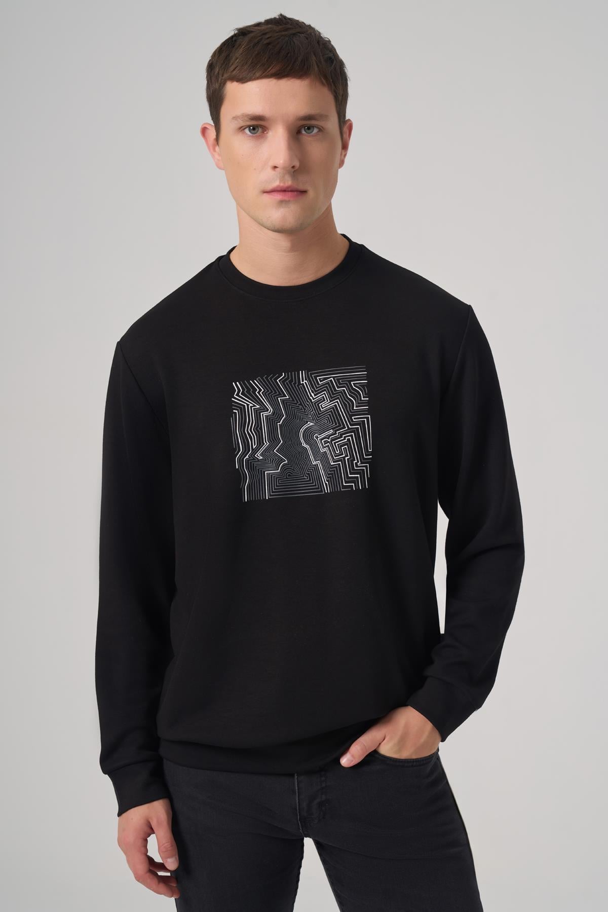 Morven Erkek Siyah Trend Baskılı Bisiklet Yaka Sweatshirt