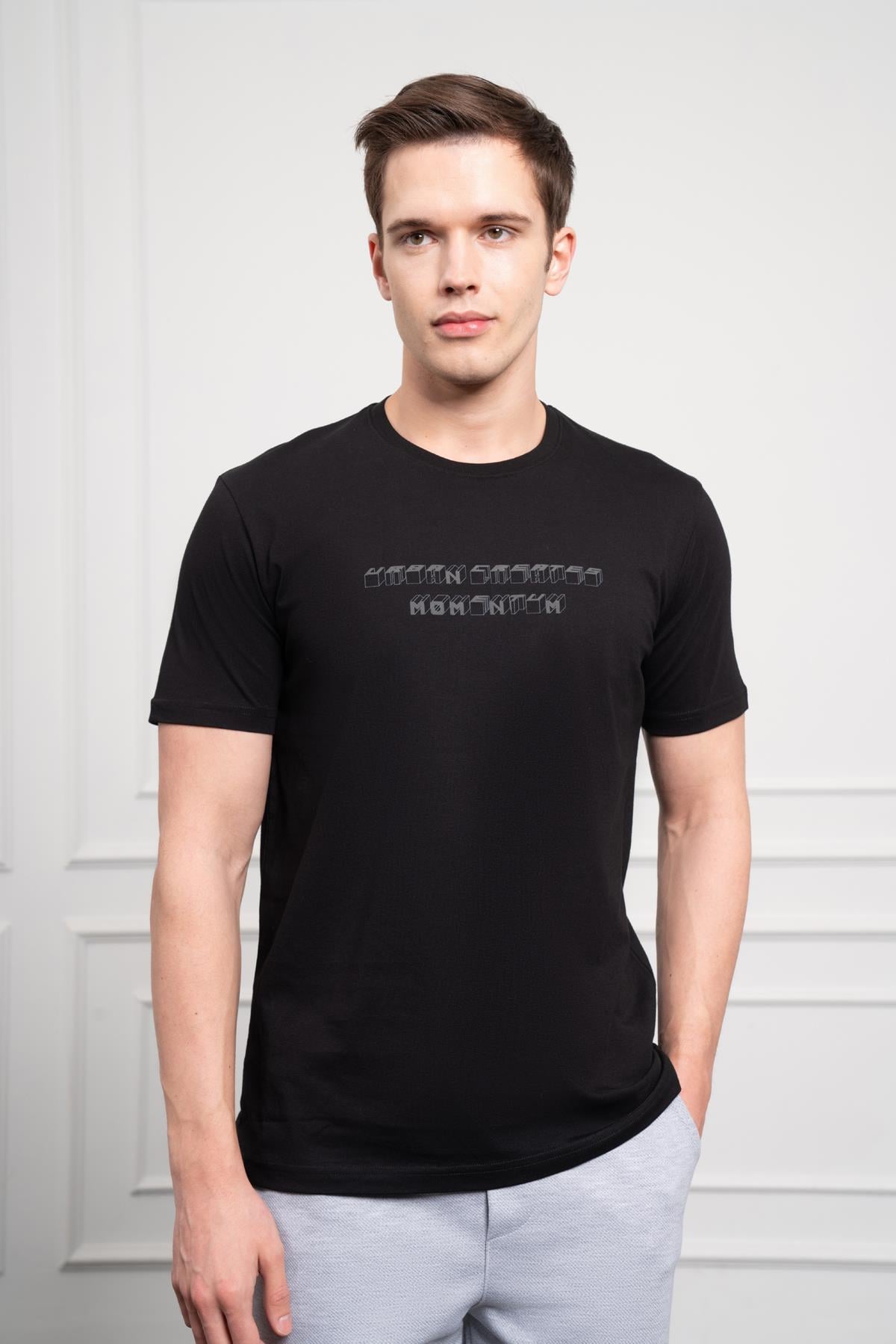 Morven Erkek Siyah Trend Bisiklet Yaka Dinamik Fit Pamuk T-Shirt