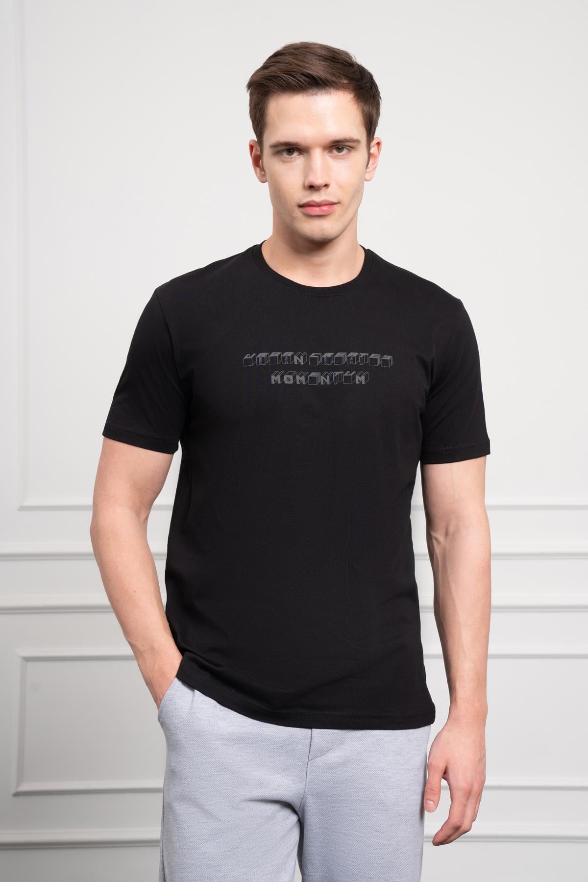 Morven Erkek Siyah Trend Bisiklet Yaka Dinamik Fit Pamuk T-Shirt