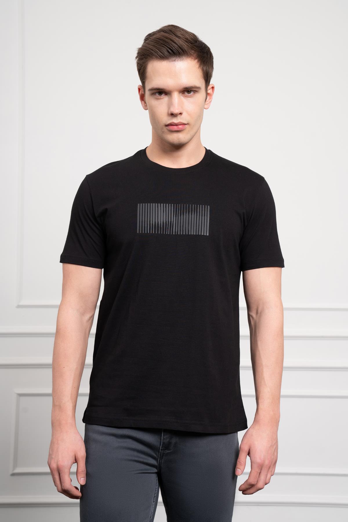 Morven Erkek Siyah Trend Bisiklet Yaka Pamuk Dinamik Fit T-Shirt