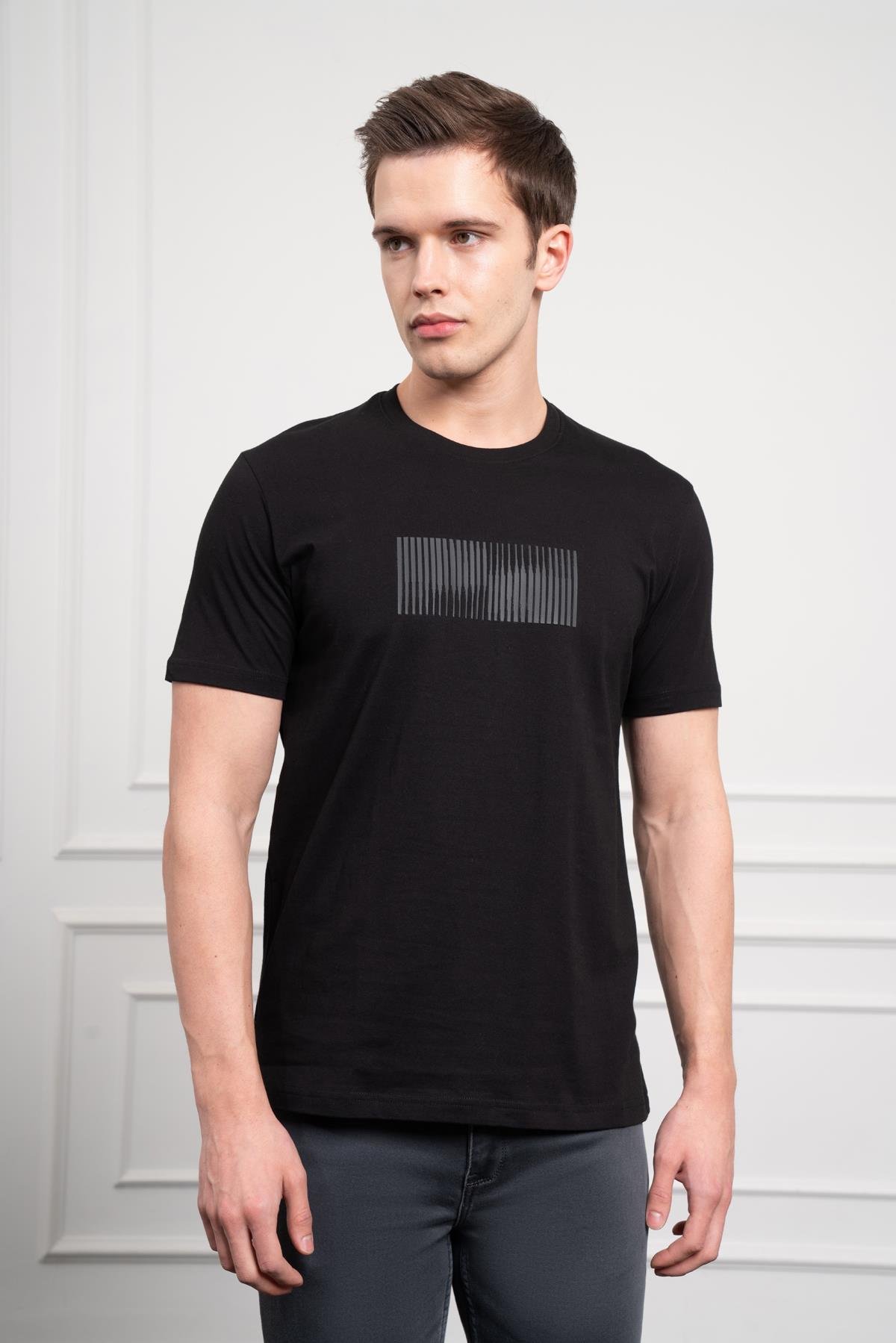 Morven Erkek Siyah Trend Bisiklet Yaka Pamuk Dinamik Fit T-Shirt