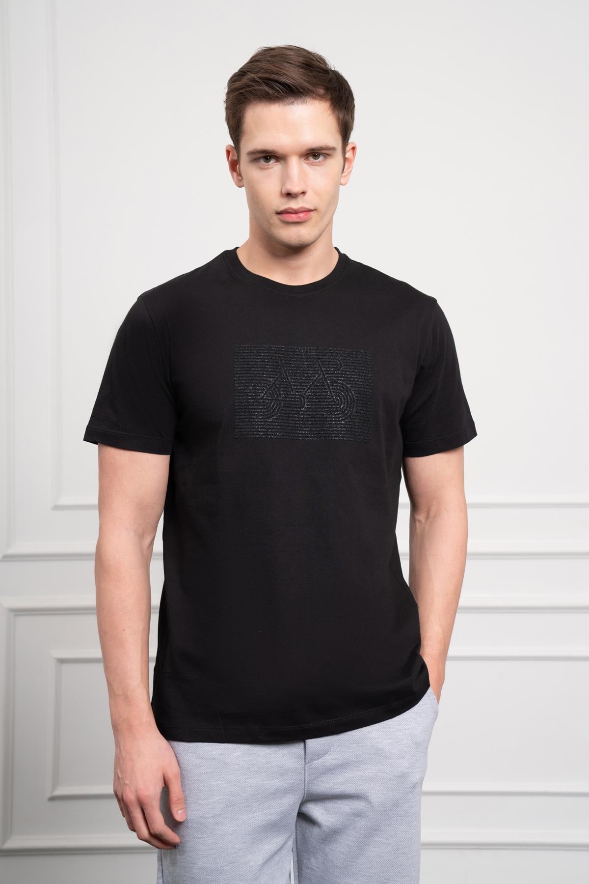 Morven Erkek Siyah Trend Bisiklet Yaka Dinamik Fit Pamuk T-Shirt