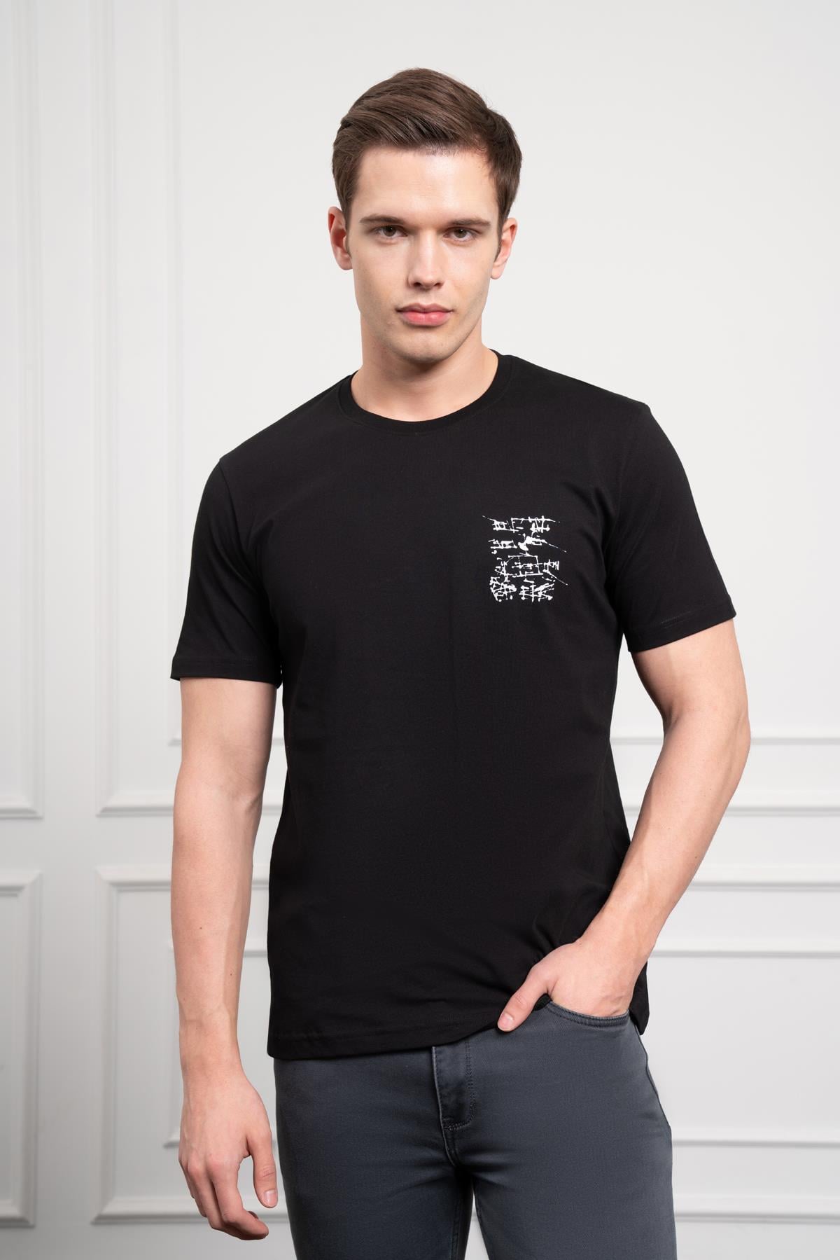 Morven Erkek Siyah Trend Bisiklet Yaka Dinamik Fit Pamuk T-Shirt