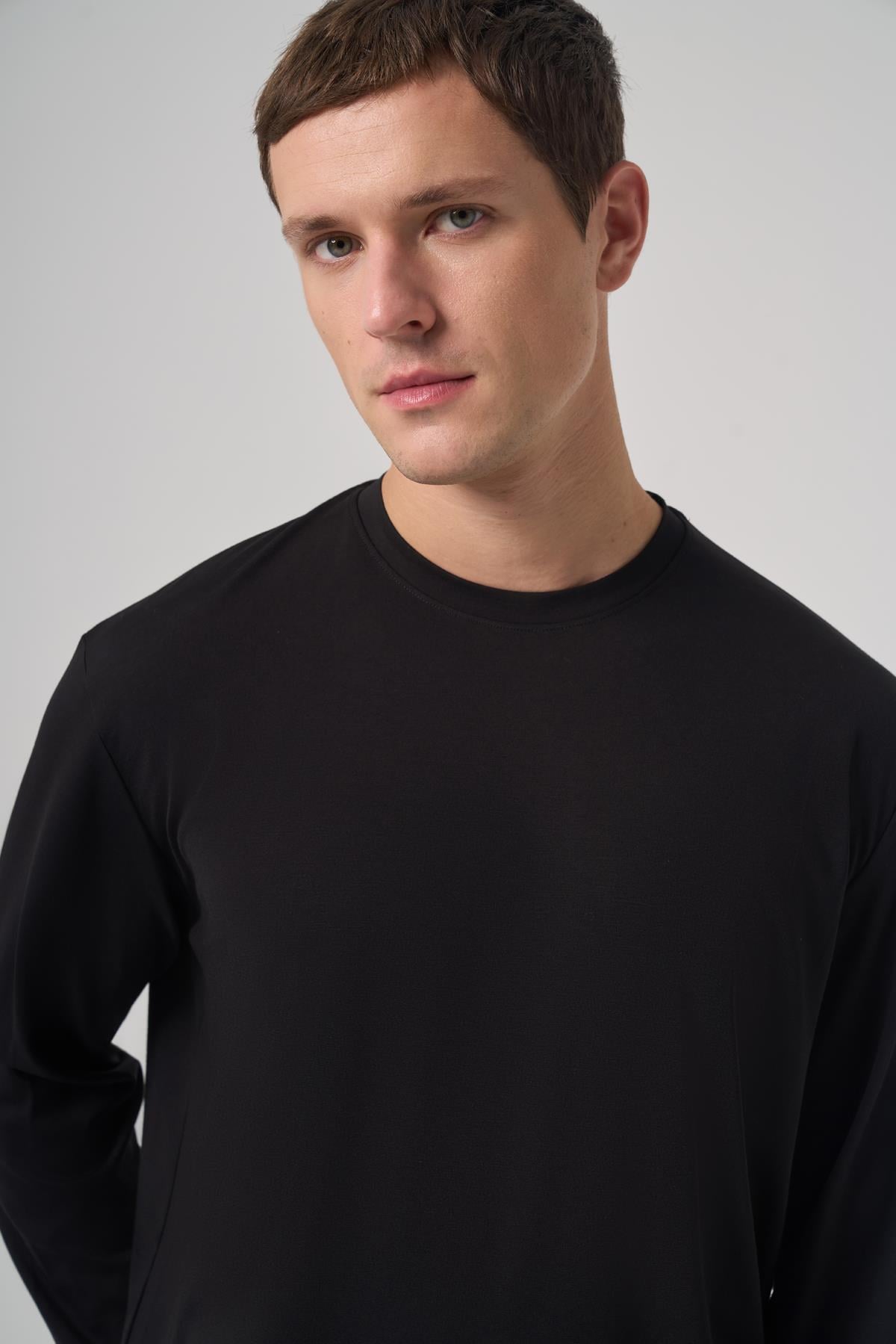 Morven Erkek Siyah Trend Bisiklet Yaka Rayon Sweatshirt