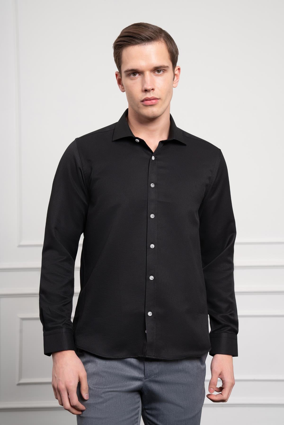 Morven Erkek Siyah Trend İtalyan Yaka  Slim Fit Dar Kesim Gömlek