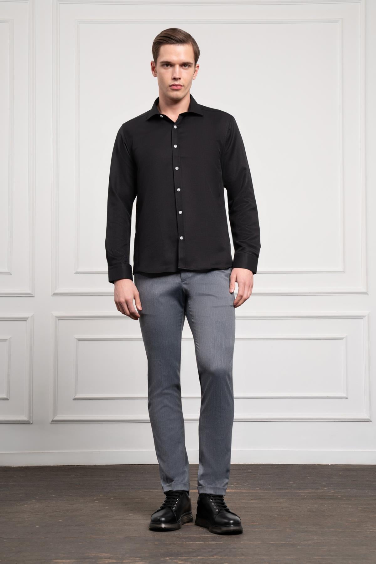 Morven Erkek Siyah Trend İtalyan Yaka  Slim Fit Dar Kesim Gömlek