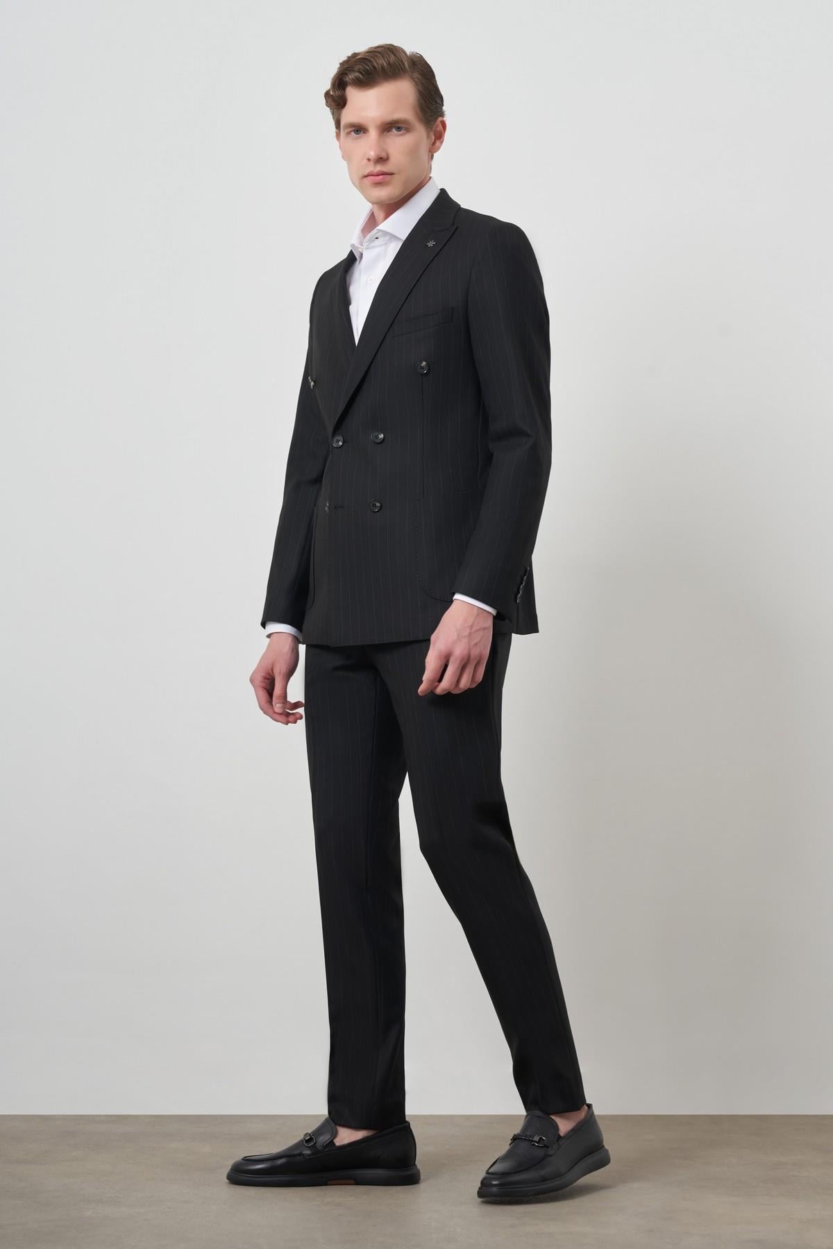 Morven Erkek Siyah Trend Kruvaze Slim Fit Takım Elbise