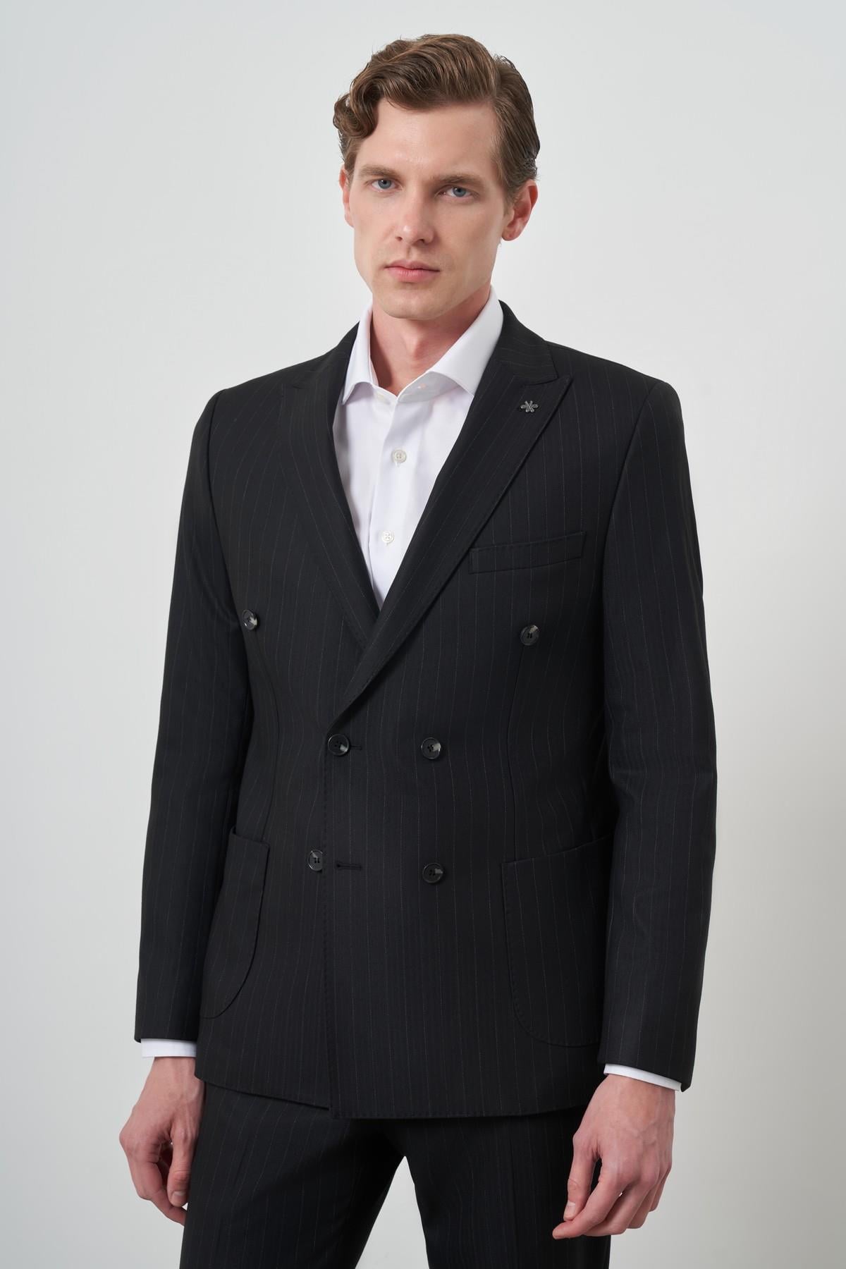 Morven Erkek Siyah Trend Kruvaze Slim Fit Takım Elbise