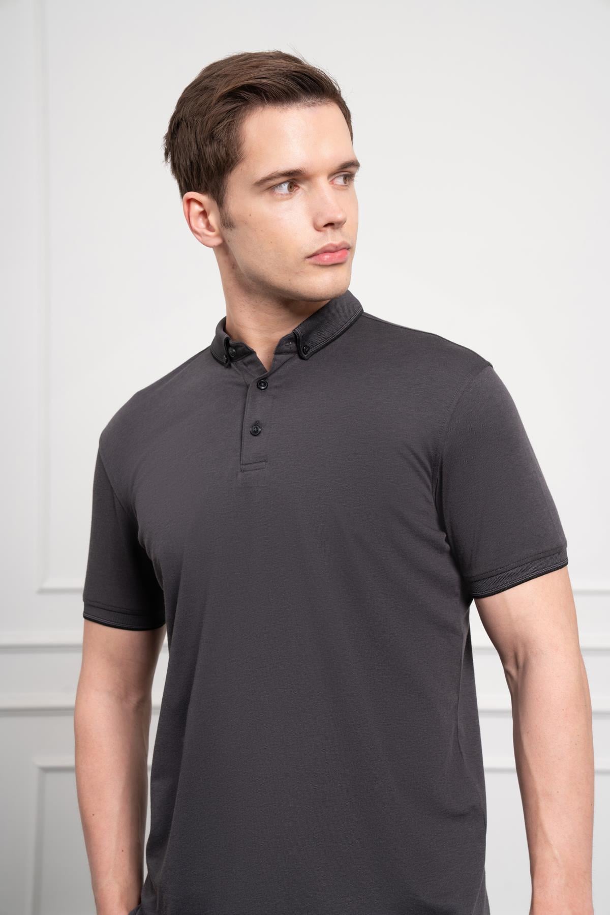 Morven Erkek Siyah Trend Merserize Düz Düğmeli Yaka Dynamic Fit T-Shirt