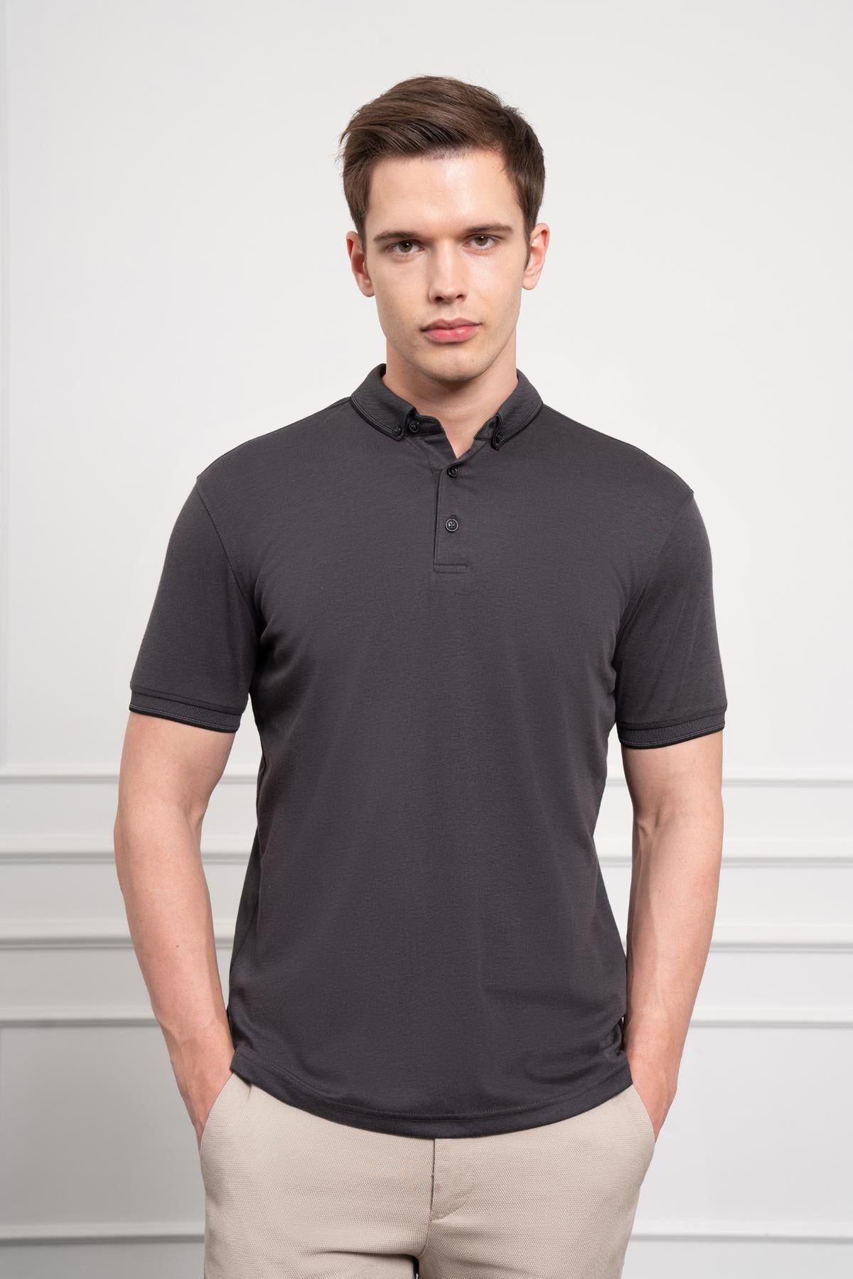 Morven Erkek Siyah Trend Merserize Düz Düğmeli Yaka Dynamic Fit T-Shirt