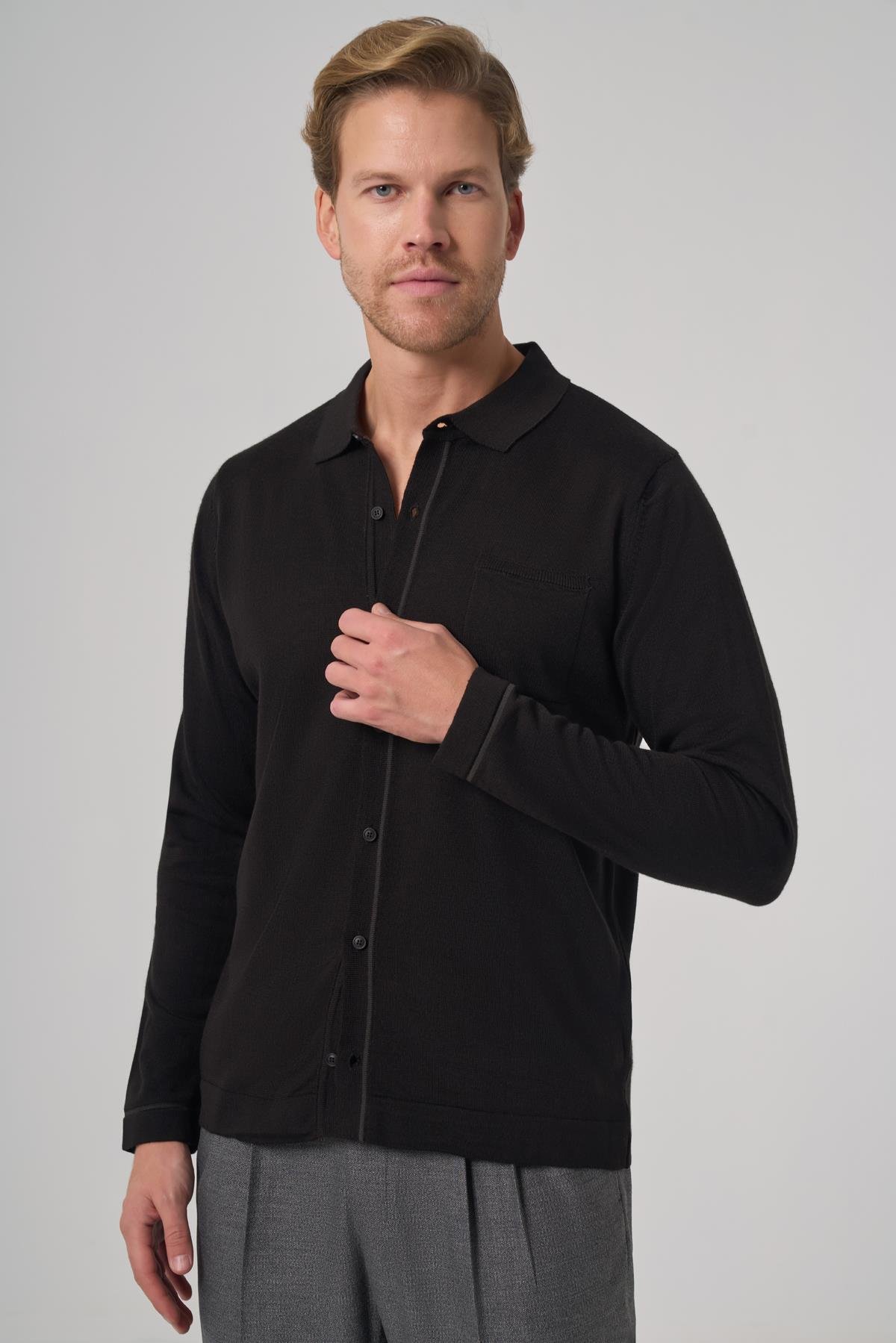 Morven Erkek Siyah Trend Polo Yaka Gömlek Triko