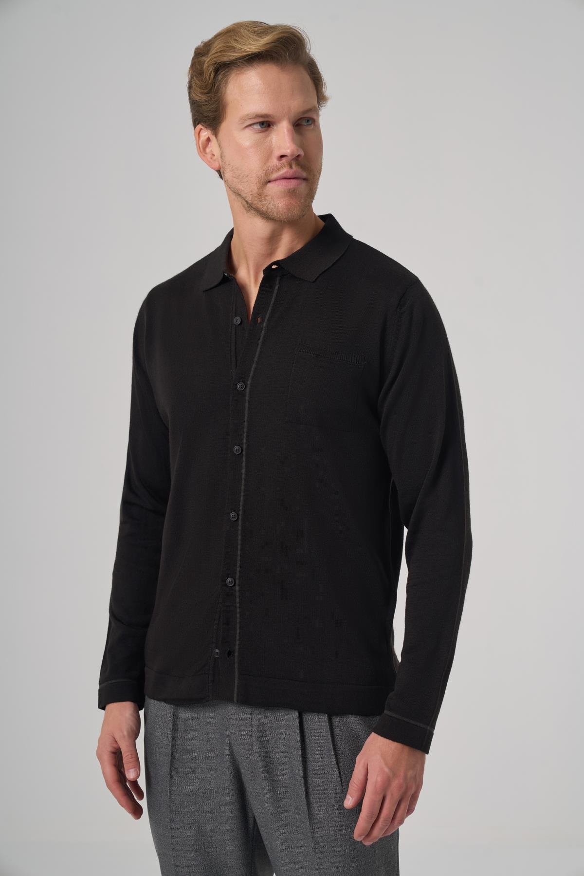 Morven Erkek Siyah Trend Polo Yaka Gömlek Triko