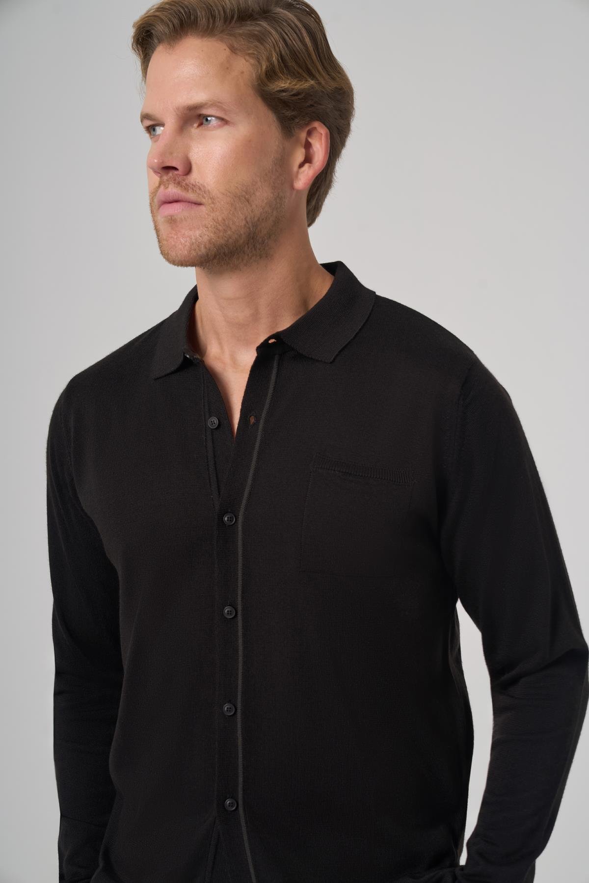 Morven Erkek Siyah Trend Polo Yaka Gömlek Triko