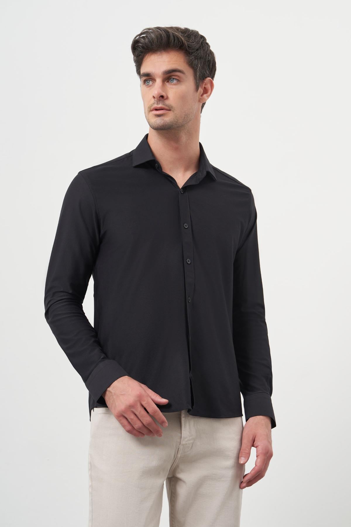 Morven Erkek Siyah Trend Slim Fit İtalyan Yaka Relaxible Gömlek