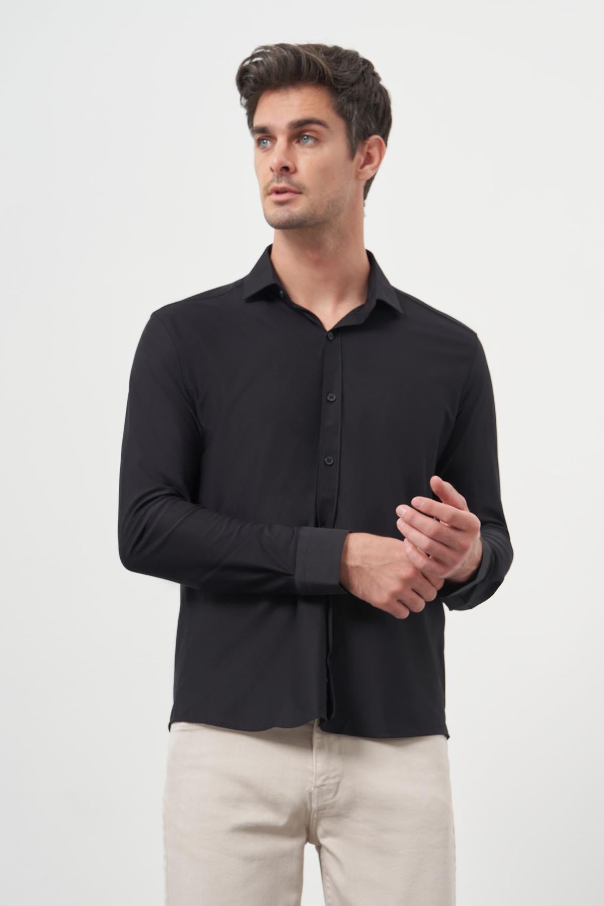 Morven Erkek Siyah Trend Slim Fit İtalyan Yaka Relaxible Gömlek