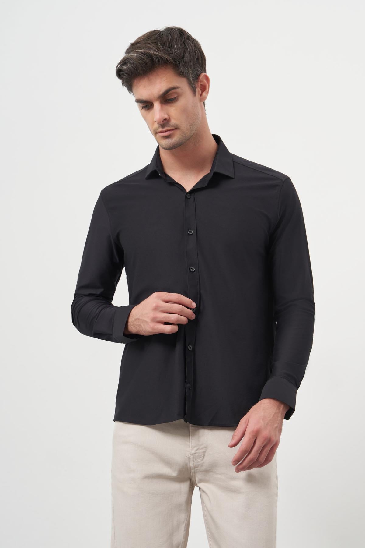 Morven Erkek Siyah Trend Slim Fit İtalyan Yaka Relaxible Gömlek