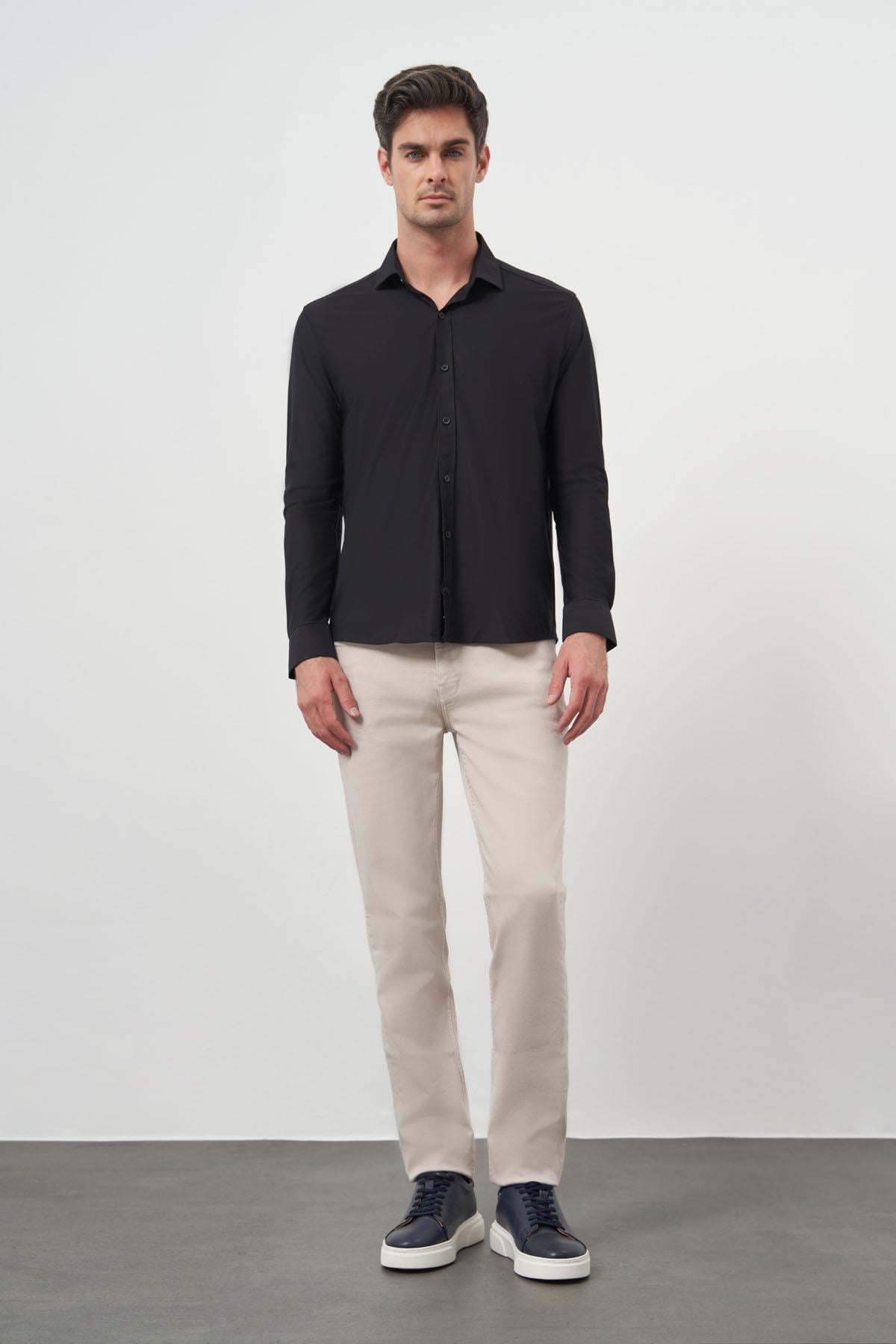 Morven Erkek Siyah Trend Slim Fit İtalyan Yaka Relaxible Gömlek