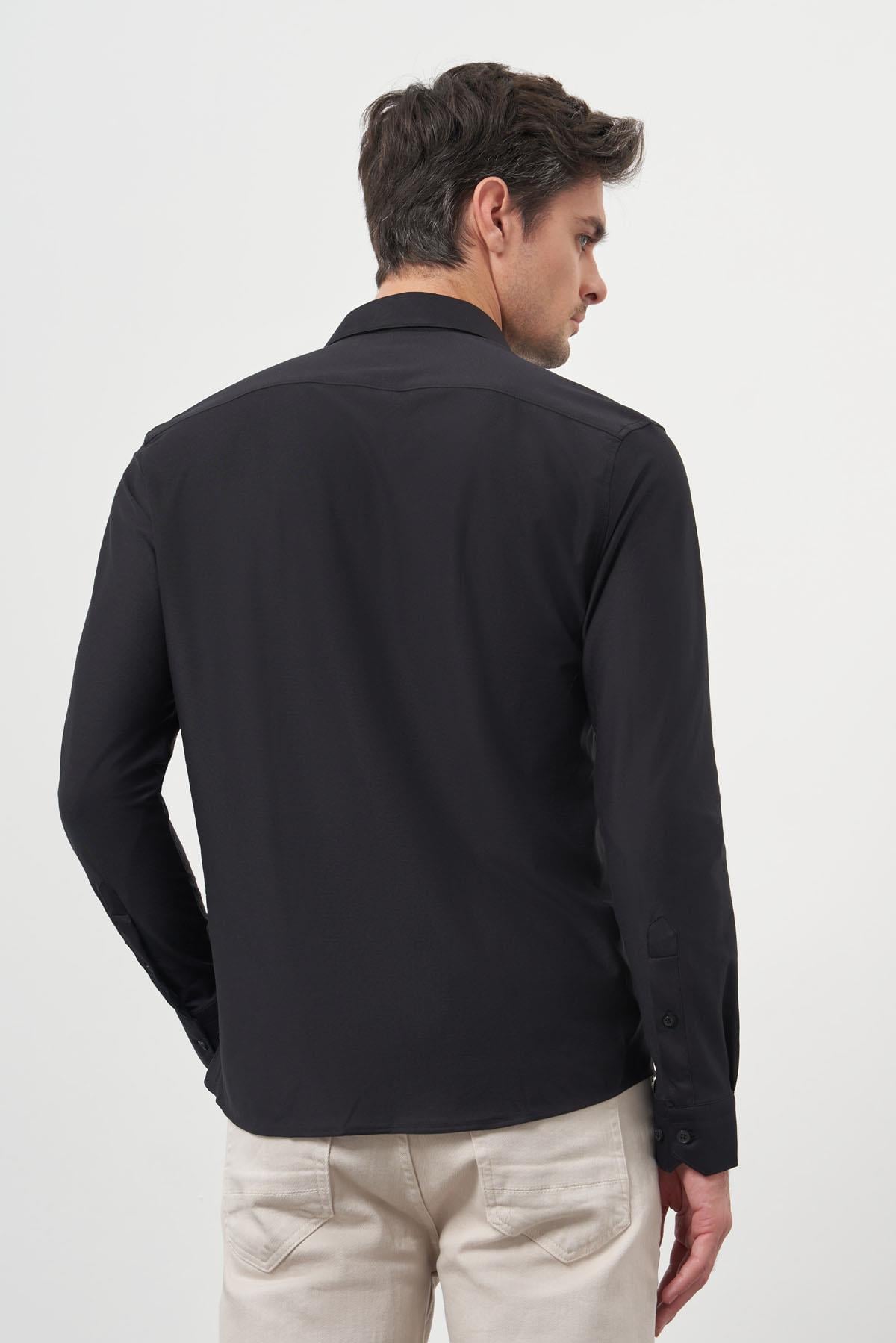Morven Erkek Siyah Trend Slim Fit İtalyan Yaka Relaxible Gömlek