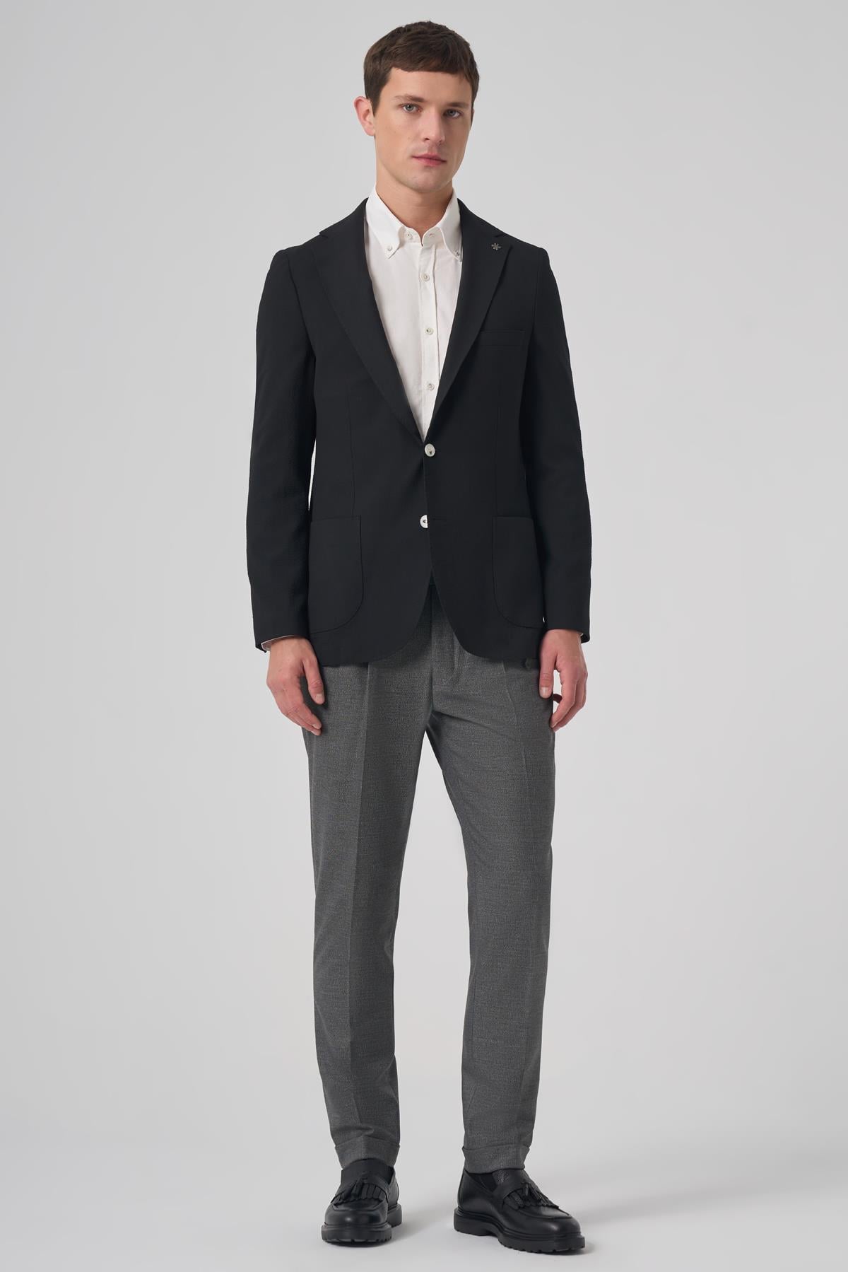 Morven Erkek Siyah Trend Slim Fit Mono Yaka Ceket